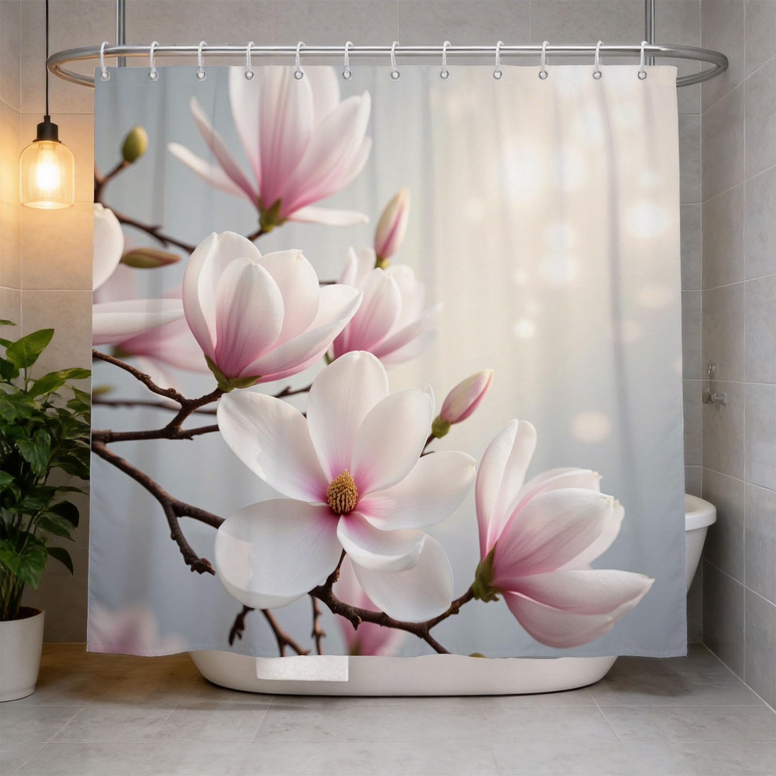 Hongduo 3D Magnolia Shower Curtain for Stalls Bathtubs Chic Bathroom Decor Shower Curtain Set Polyester Fabric Waterproof 180x200cm/71X79 Inch with Hooks