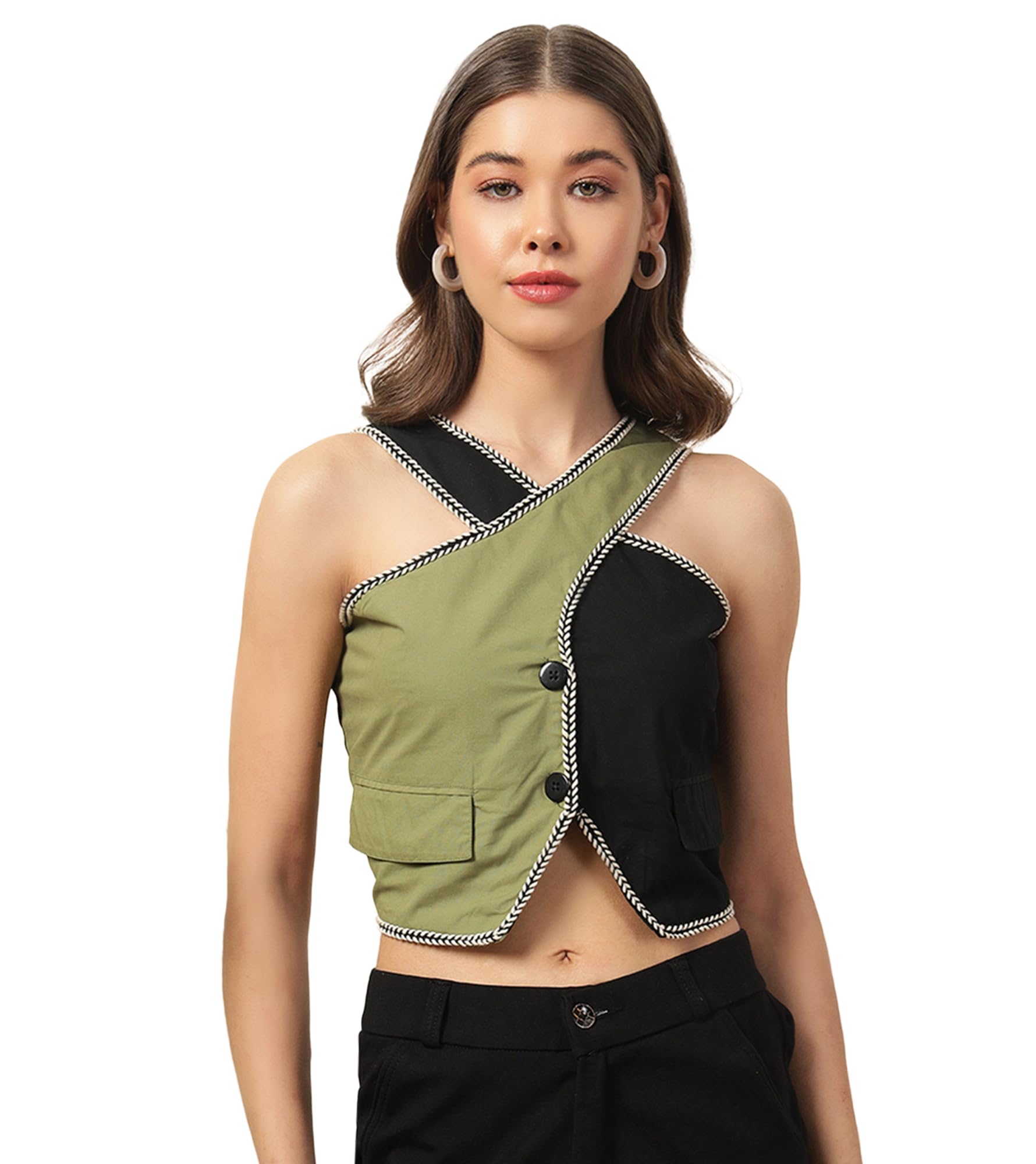 deebaco Colorblocked Cotton Lace Detailed Waistcoat For Women's|Halter Neck Button Closure Sleeveless Regular Fit Wiastcoat|Fashionable Latest Collection Casual wear-picture-38