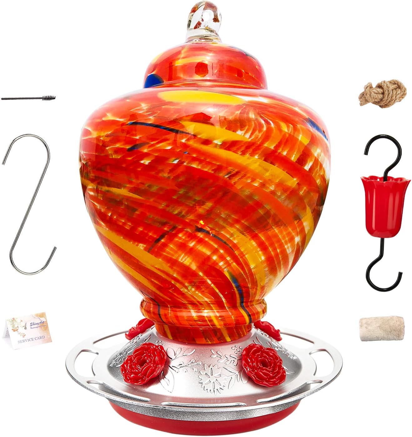 ShinyArt Hummingbird Feeder for Outdoors, Hand Blown Glass, 38 Ounces, Red Clouds, Including Ant Moat, S Hook, Hemp Rope, Brush, Cleaning Rag and Service Card