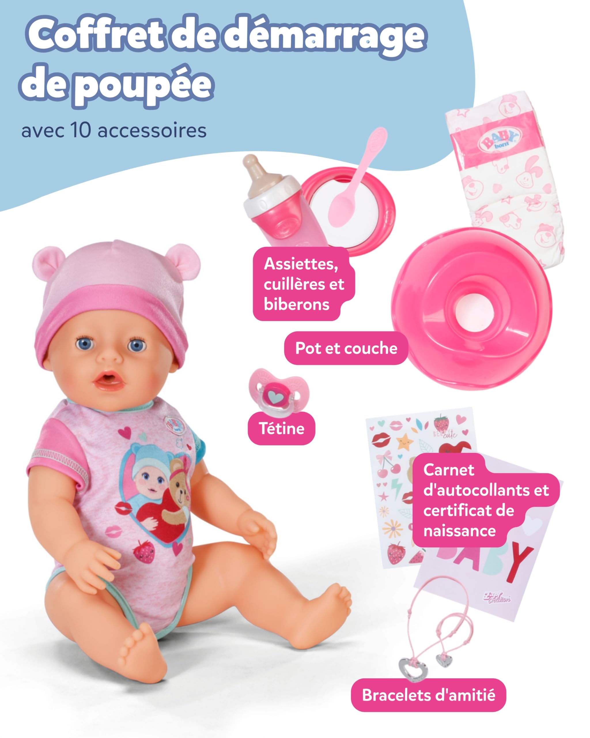BABY born Emma - Bébé poupée de 43 cm - 10 Fonctions y Compris Accessoires & grenouillère - Fonctionne entièrement sans Piles - Convient aux Enfants à partir de 3 Ans