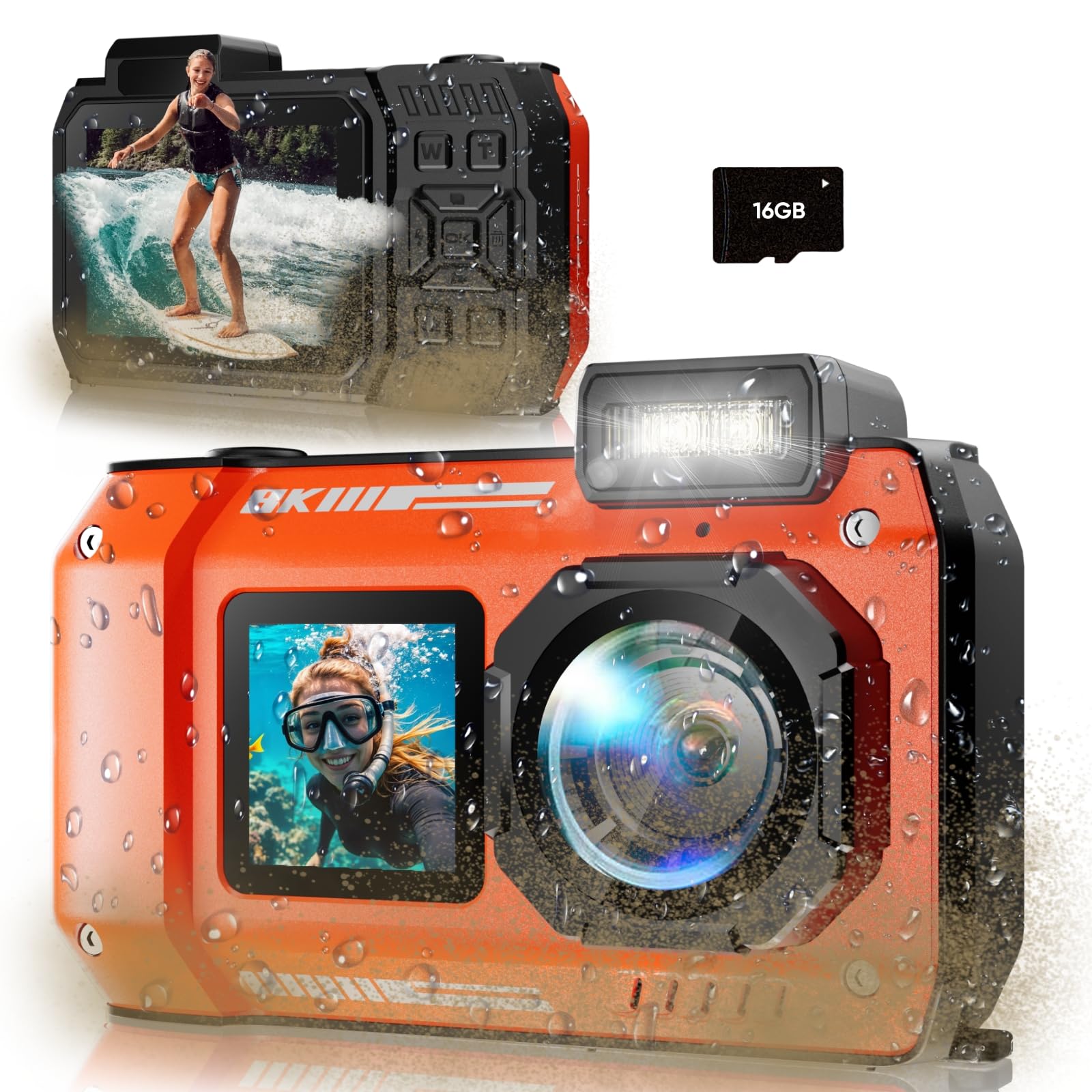 Maxmango D50 8K 90MP Unterwasserkamera, 33FT wasserdichte Digitalkamera,2.8'' Dual-Screen Selfie,Staubdichte, Stoßfeste Digitalkamera mit 2500mAh Batterie & 16GB Karte
