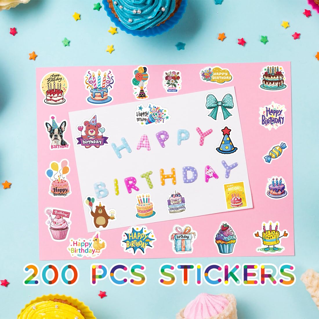 Naklejki dla dzieci 200 sztuk naklejki z okazji urodzin, styl Kawaii Urodziny, wodoodporne naklejki winylowe, naklejki do scrapbookingu, pamiętnik, pamiętnik, laptop itp