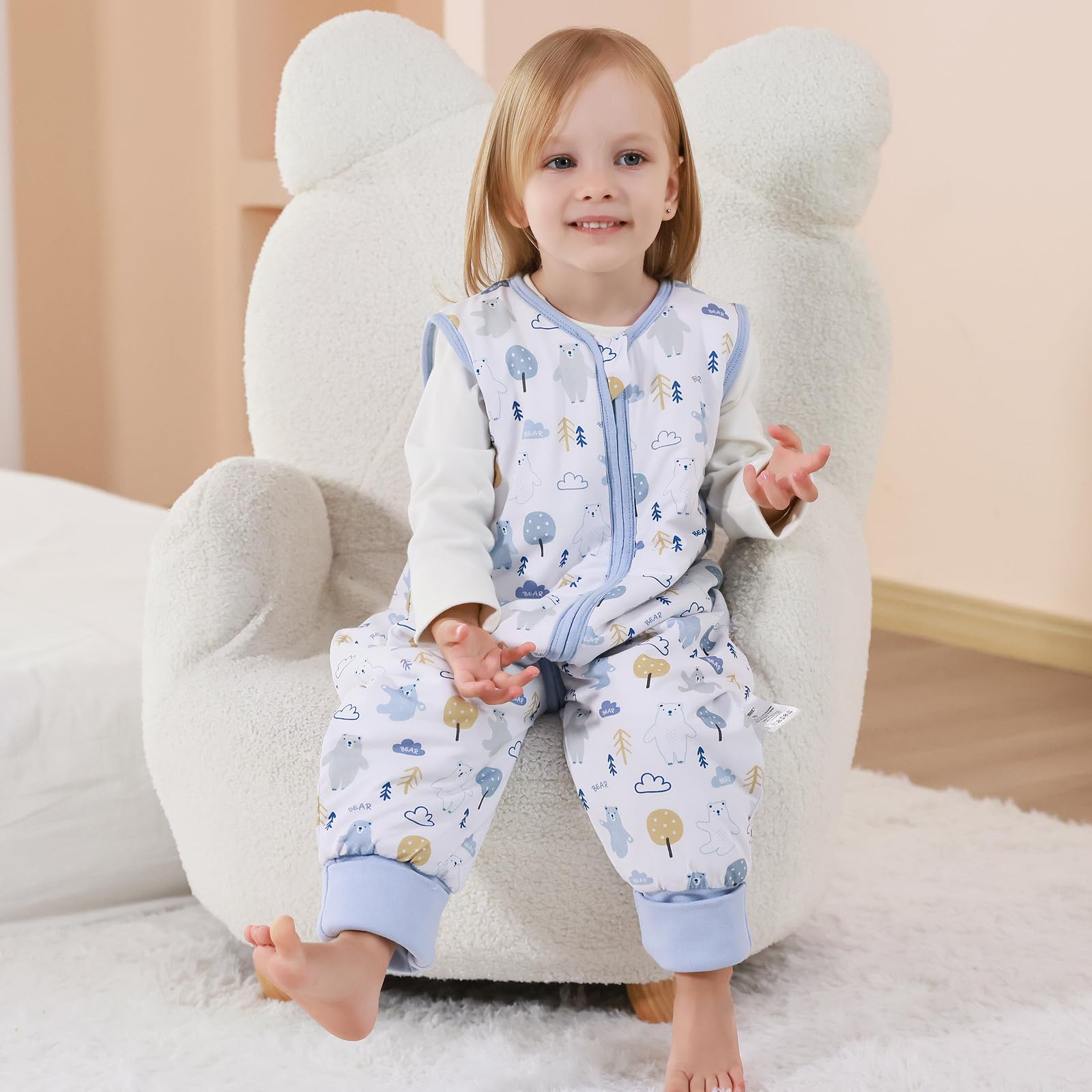 Sacco nanna con piedi, 2,5 Tog, super morbido, realizzato in rayon di bambù, per bambini, in fibra di bambù, per l'inverno, per l'autunno e l'inverno (orsi, 80cm (18-36 Mesi))