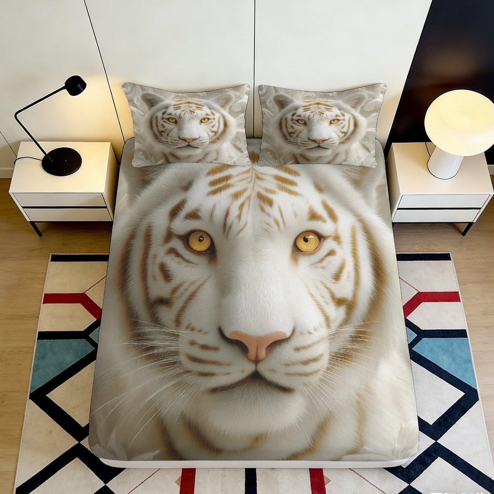 Uynsixtme Style-2 3D Printed White Tiger Pattern Fitted Sheet Microfiber Deep Pocket Bedroom Bedding White Tiger Mattress Fitted Cover Non-Slip Full Wrap 90X200x25cm