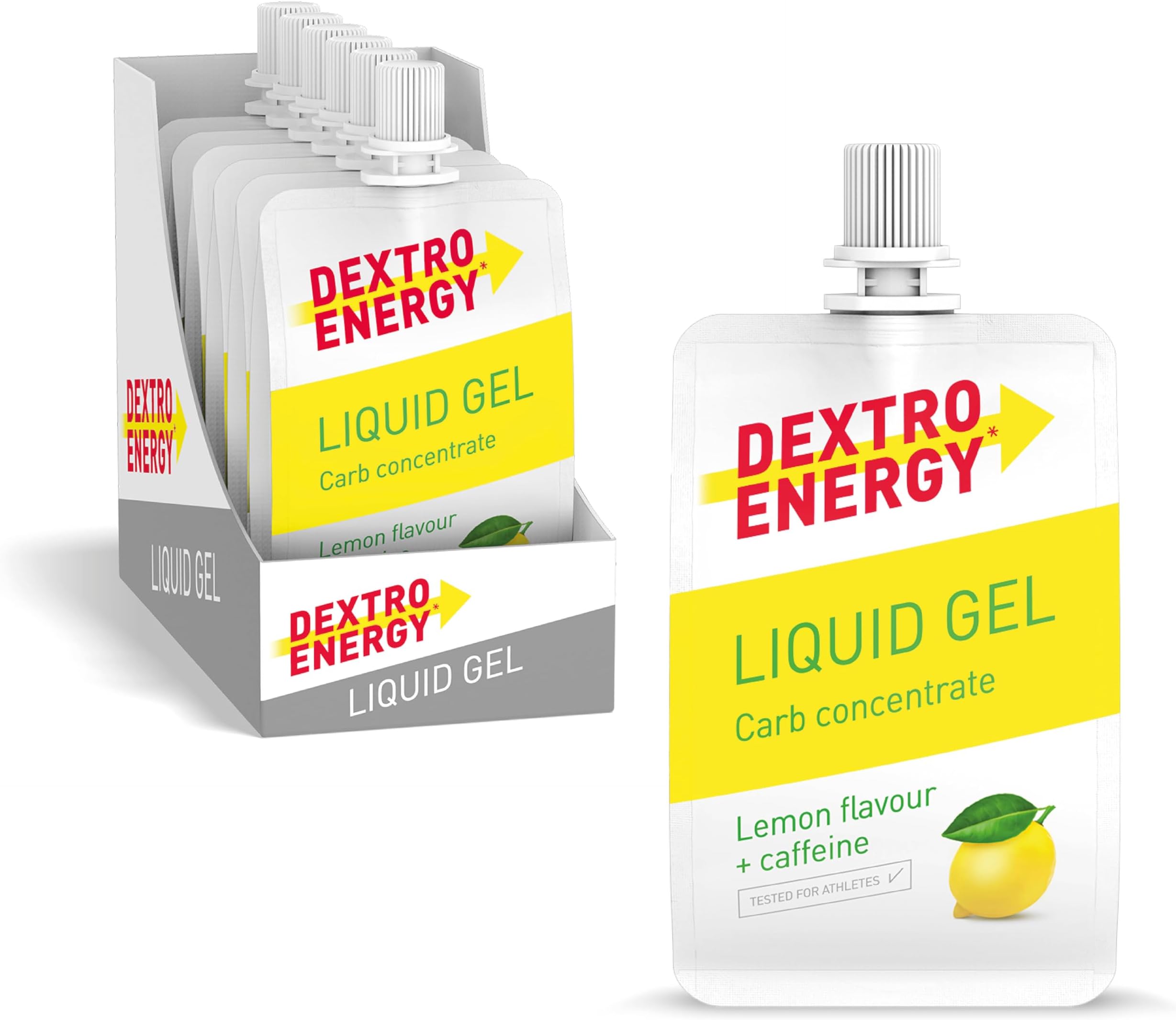 Dextro Energy Energy Gel | Pack of 12 | High Carb Gel with 28 g of Carbohydrates | Liquid Burst of Energy | Non-Sticky Energy Gel Lemon | For Running or Cycling | Vegan