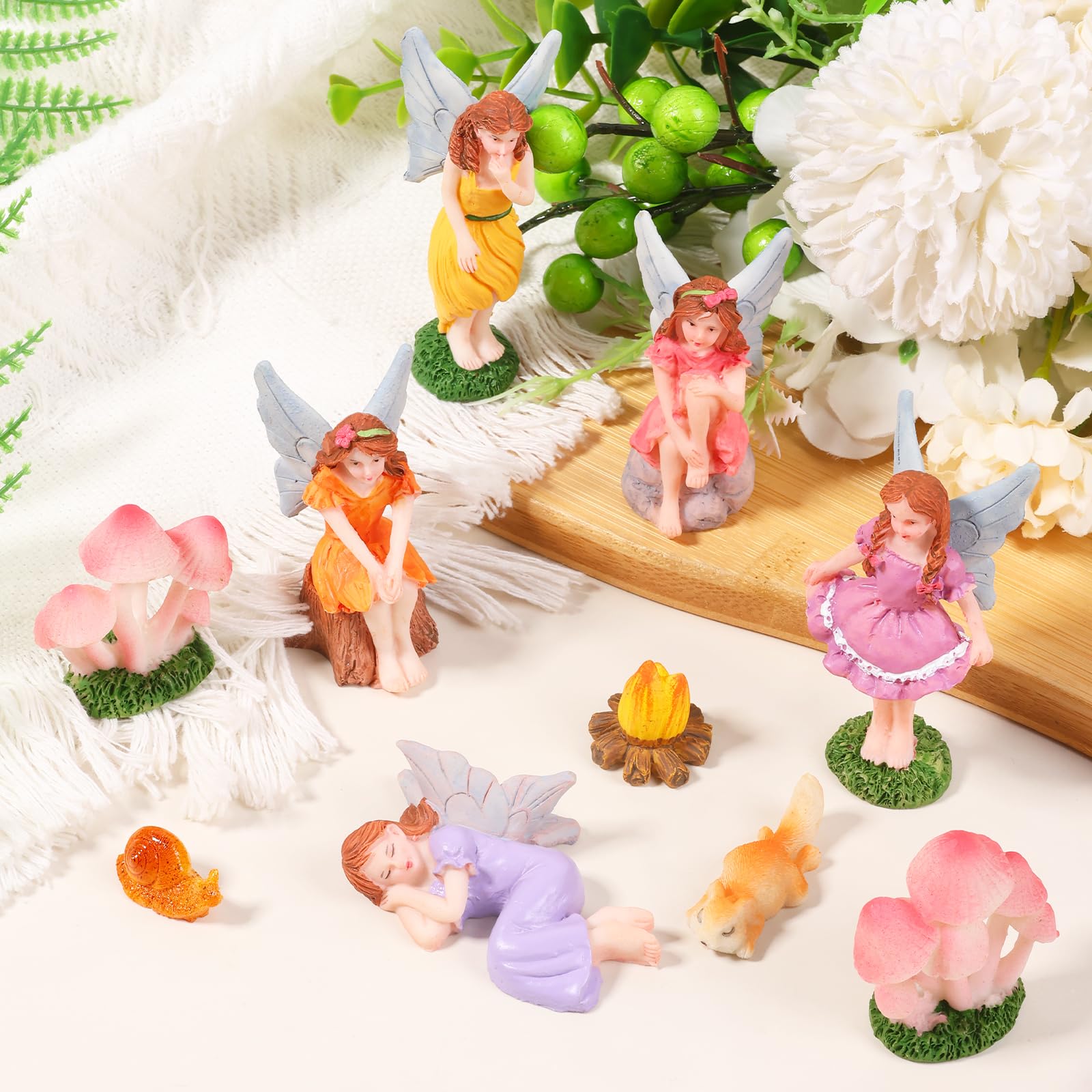 BOBASH 10 Pcs Miniatures Fairies Figurines Mini Fairy Garden Statues, Resin Figurines with Mushrooms, Squirrel, Snail & Bonfire, Tiny Magical Ornaments for Outdoor Yard Lawn Plant Pot Decor