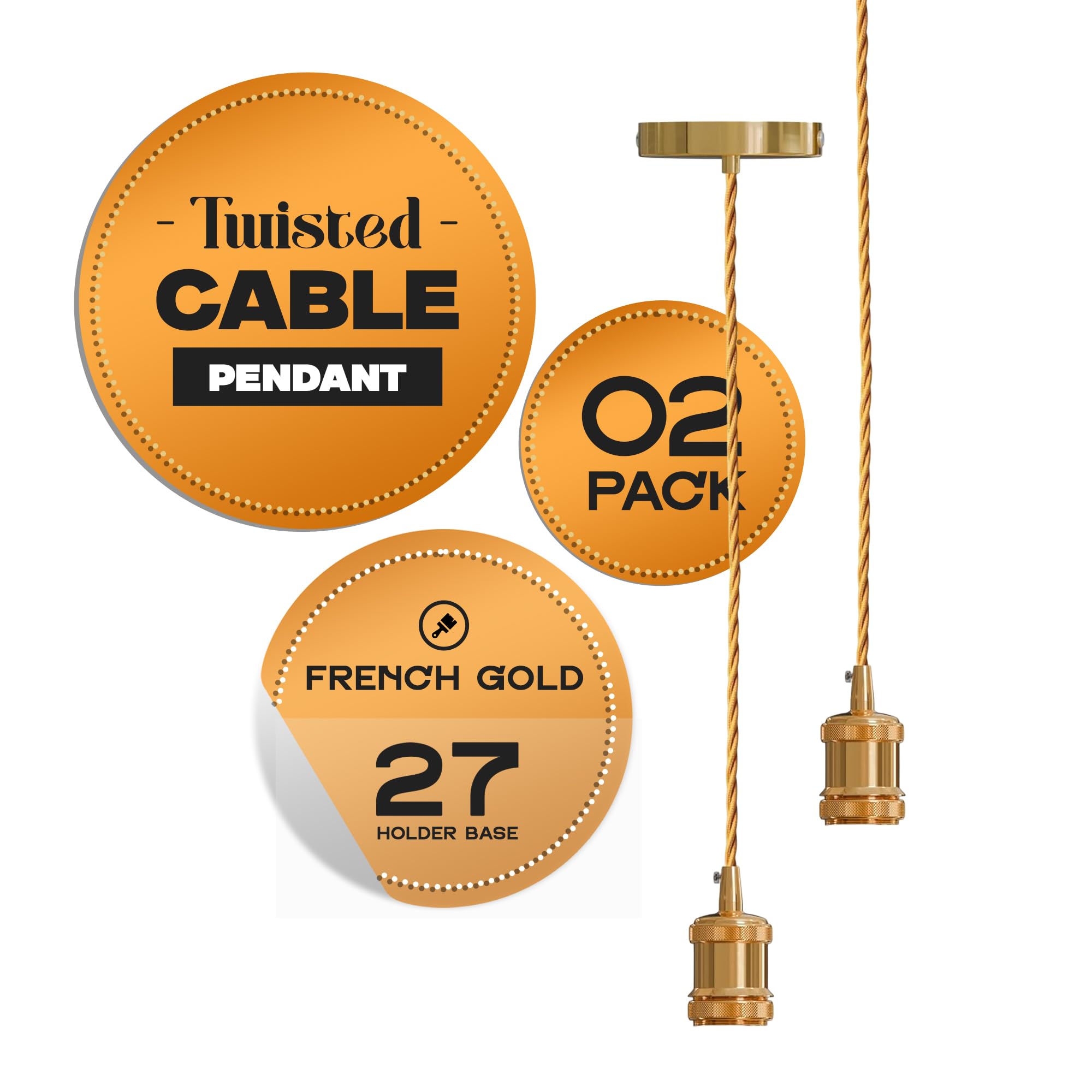 2 Pack Vintage E27 Pendant Light French Gold Hanging Ceiling Light Fitting Kit with Twisted Fabric 2m Cable & Rose Industrial Retro Pendant Lamp for Kitchen, Bar & Dining Room โ image 1