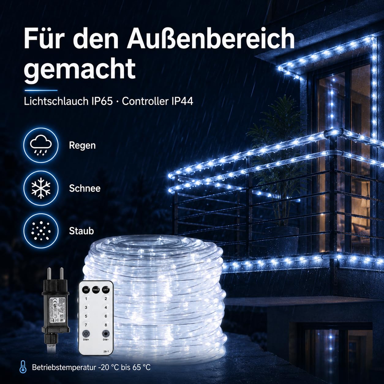 Daromigo Tube lumineux 30 m blanc froid, télécommande, intensité variable
