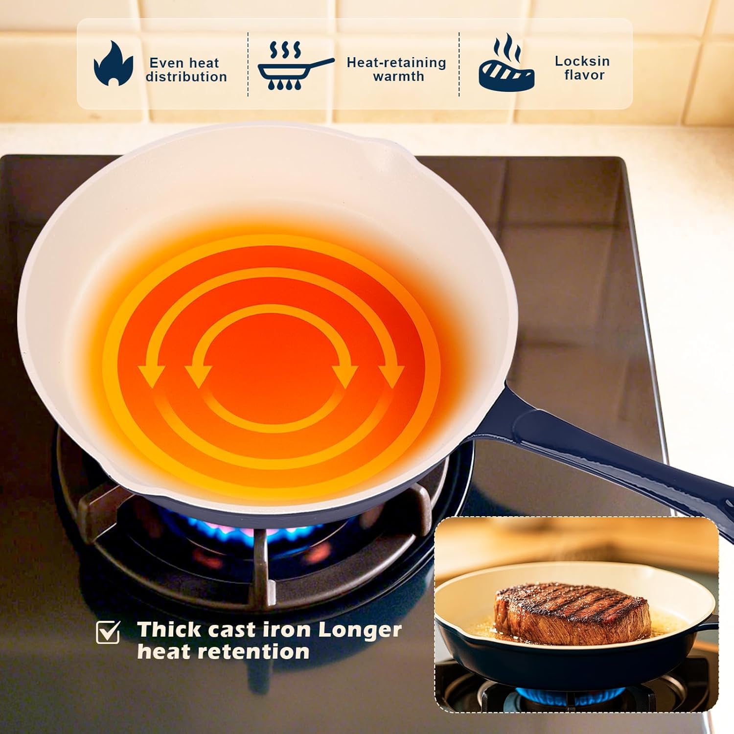 Hisencn Pans set,8 & 9.5 Inch Ceramic Cast Iron Pans Set Nonstick,Nonstick Frying Pan Set Without PFAS & PTFE & PFOA,Dishwasher & Oven Safe,Enameled Cast Iron Skillets For Gas/Electric Stovetop，blue