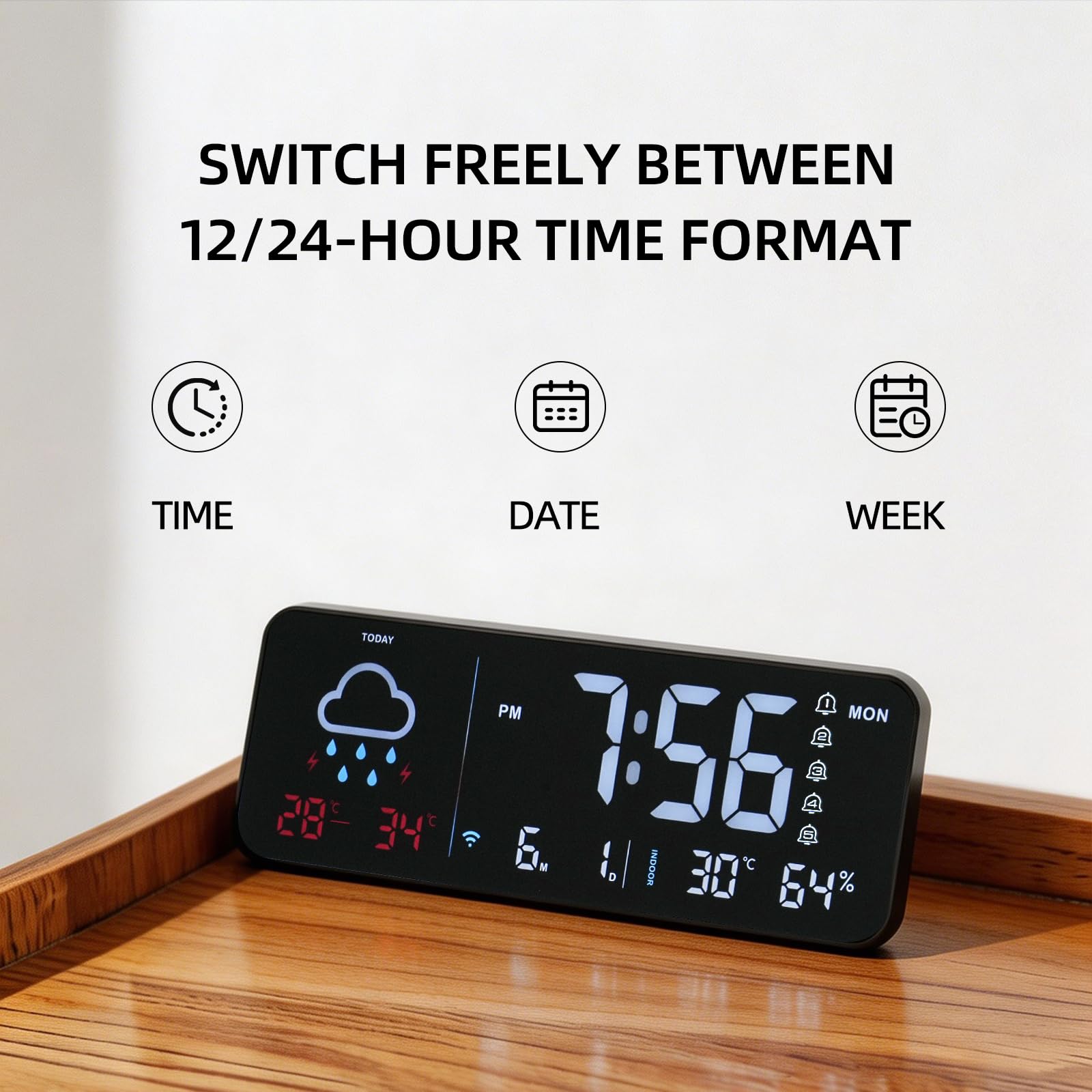 Seutgjie Digital Wecker WLAN mit Wetter Tischuhr/Wanduhr Schwarz | Digital Uhr Automatischer Zeitsynchronisation Wettervorhersage Temperatur Luftfeuchtigkeit für Schlafzimmer Büro Wohnrau