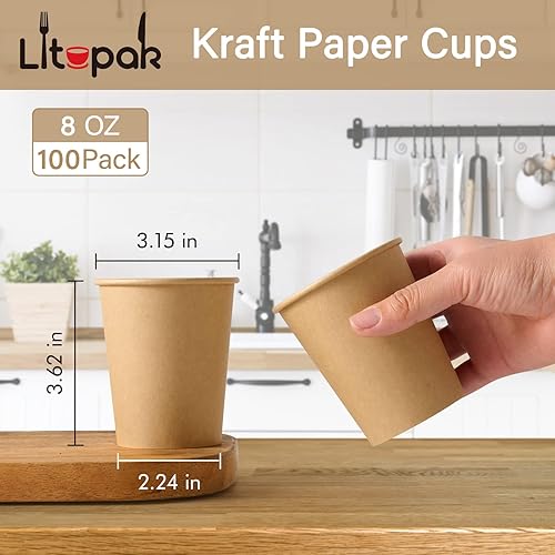 Miniatura 2 de LITOPAK Paquete de 100 tazas de papel kraft de 8 onzas, tazas de café desechables, bebidas calientesfrías, tazas de café caliente, tazas de café de