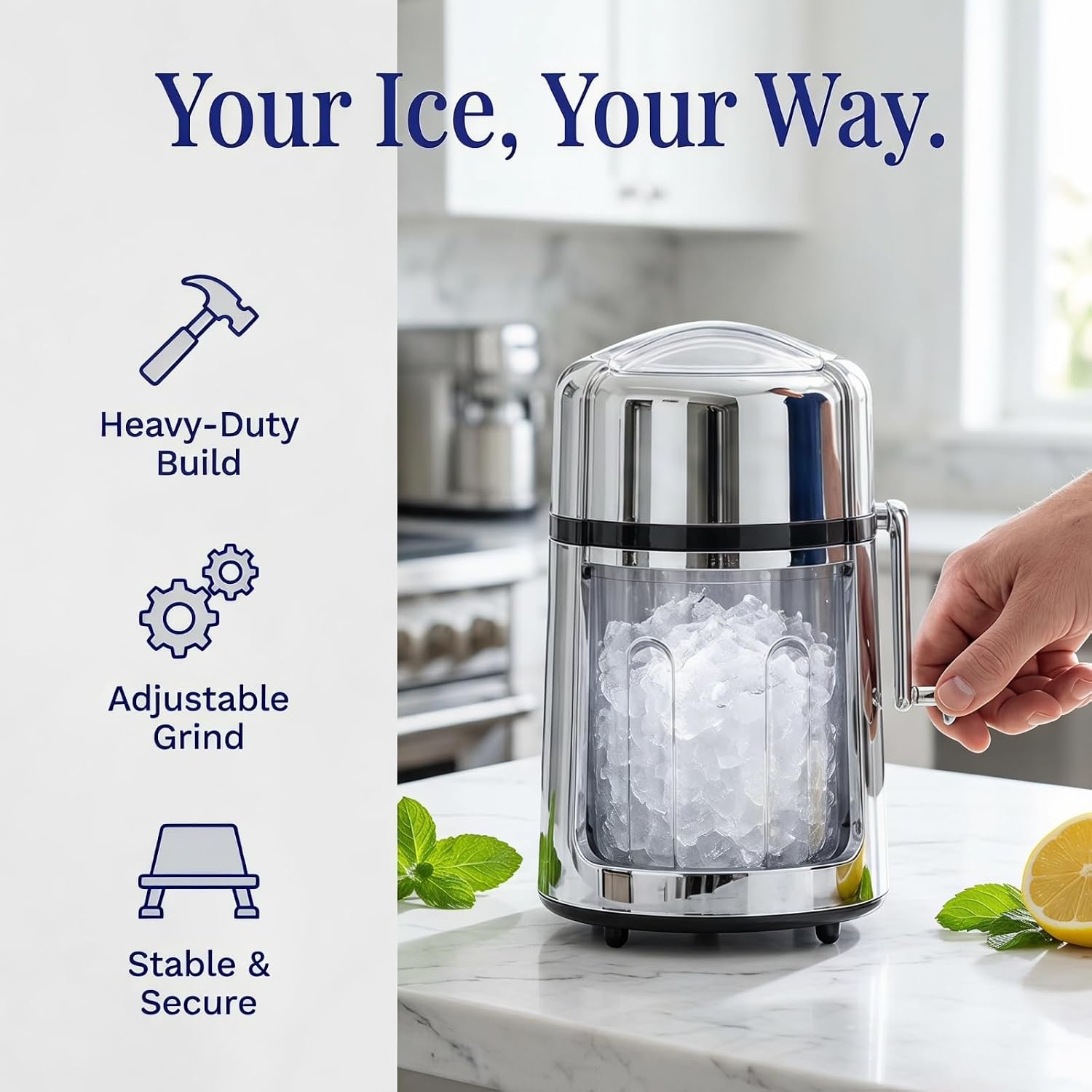 Manual Ice Crusher, Hand Crank Ice Grinder with Rust-Resistant Zinc Alloy & Carbon Steel 430 Blade, Adjustable for Fine or Coarse Crushed Ice, Non-Slip Base, Chrome Plated