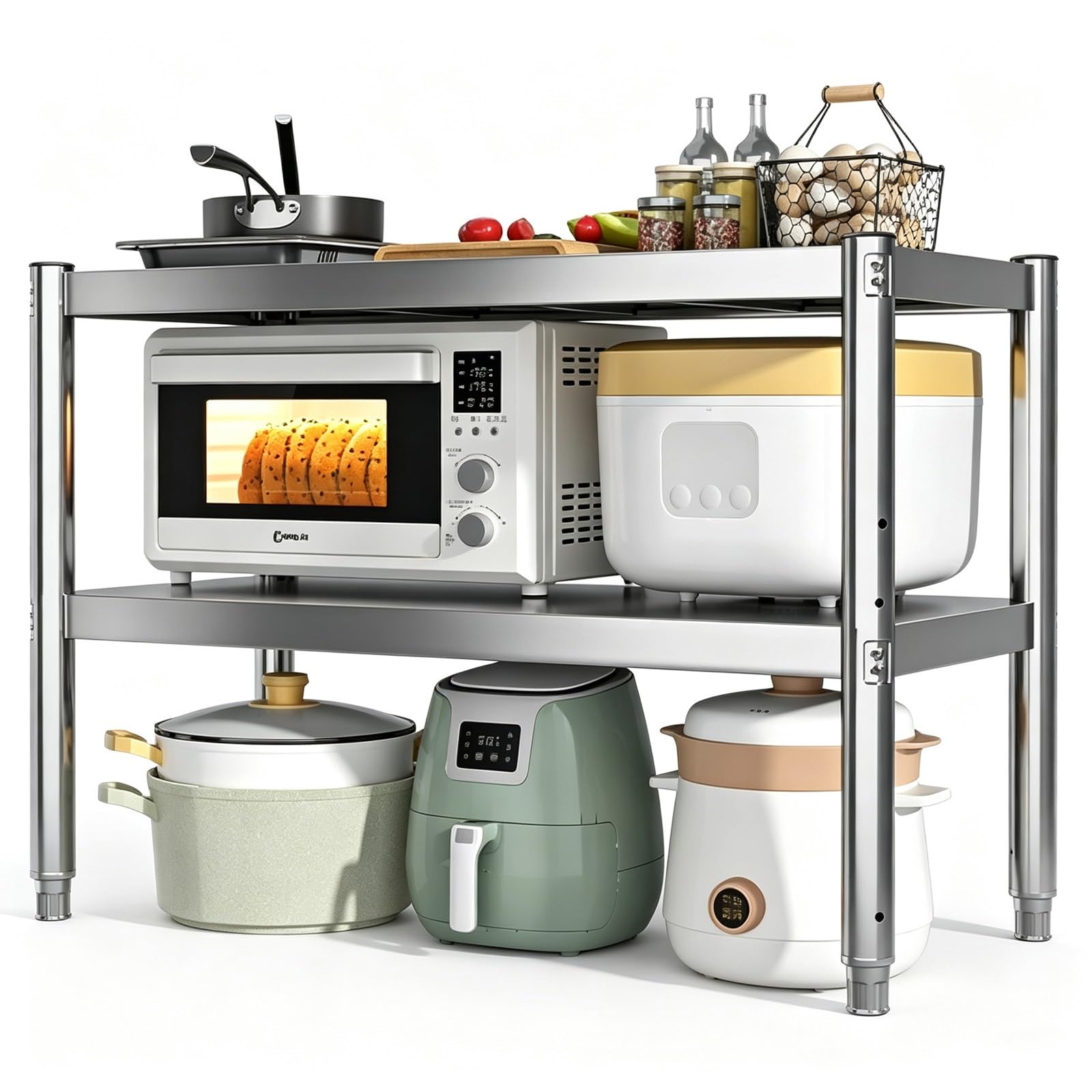 Mesa Multiuso de Acero Inoxidable, Prep Tabla Doble Nivel | Soporte Inferior Reforzado, Altura Ajustable 3 Niveles, Superficie Limpia(50x40cm/19.7x15.7in)