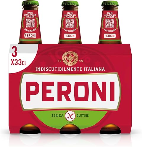 Peroni, Birra Senza Glutine, Pack con 3 Birre in Bottiglia da 33cl, Birra Lager con Malto 100% Italiano dal Gusto Moderatamente Amaro, Gradazione Alcolica 4.7% Vol