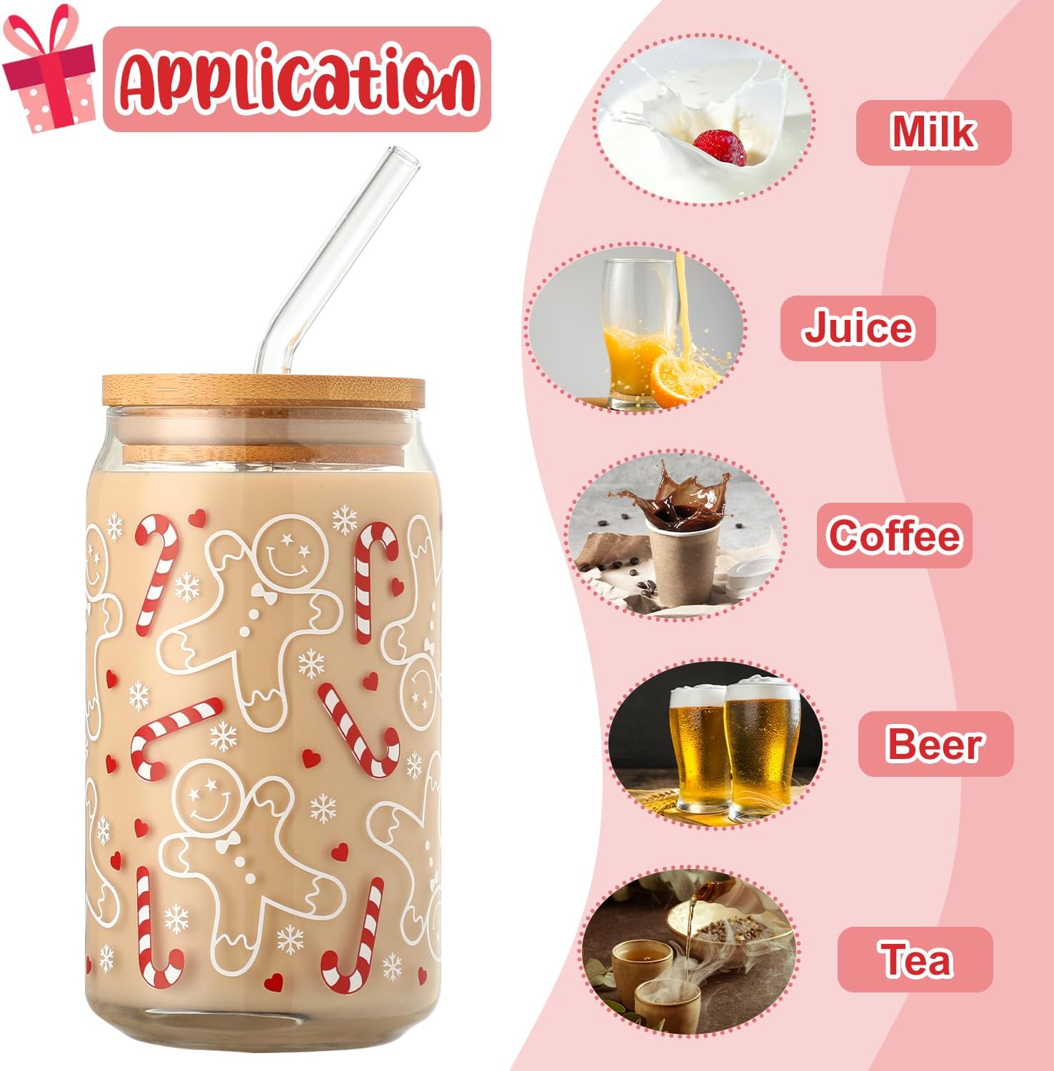 Christmas Glass Cups 16oz Iced Coffee Cups with Lids and Straws Drinking Glasses Cups Decor Glass Water Bottles Gift for Women Kids Men Cute Drinking Can Jar, Tumbler, Beer Can Gifts - Image 5