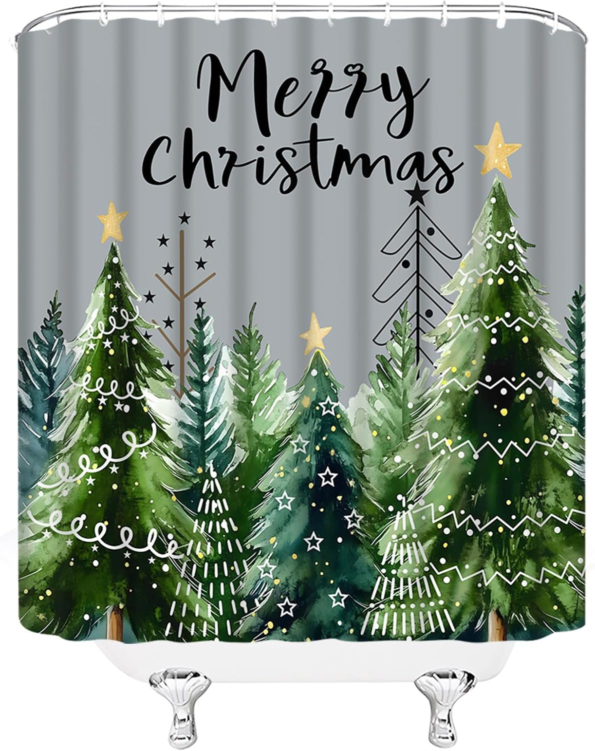 Christmas Trees Shower Curtain Xmas Farmhouse Pine Tree Star Forest Winter Snowflake Holiday,Grey 70" Wx96 H Fabric Bathroom Decor Curtain with Hooks