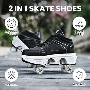 2-in-1 Unisex Roller Skate Shoes with Retractable 4 Wheels