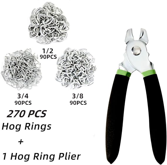 Hog Ring Pliers Kit with 270 Pcs 3/4 1/2 3/8 Galvanized Steel Hog Rings,Hog Ring Pliers Kit for Auto Upholstery and Fencing,Bagging,DIYCraft,Furniture