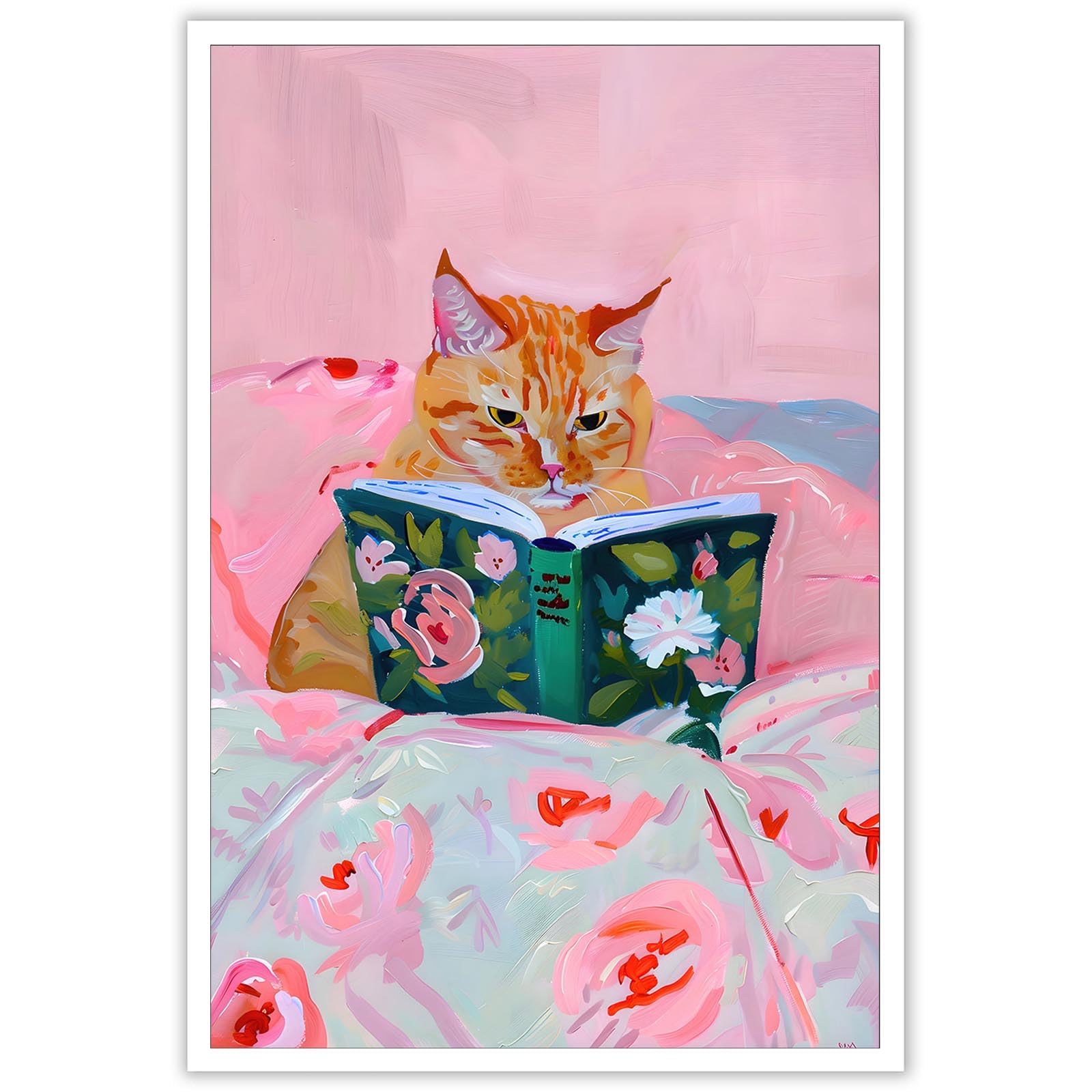 Trendy Orange Cat Posters Cute Minimalist Pink Flowers Pet Canvas Wall Art Funky Funny Animal Cat Is Reading Prints Painting For Home Bedroom Dorm