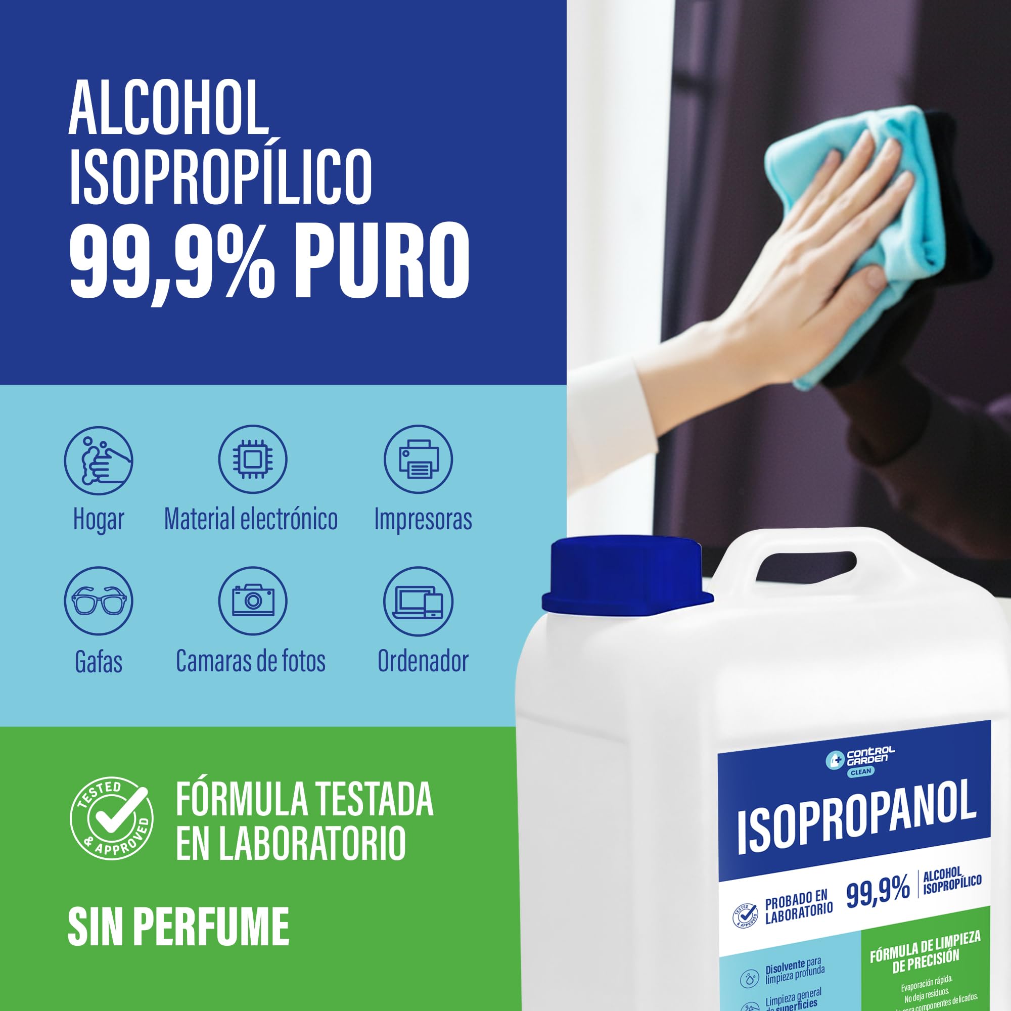 CONTROL GARDEN Alcohol Isopropilico 99,9% 10 L | Isopropanol Puro | Limpieza Profesional de Componentes Electronicos, Optica y Superficies Delicadas | Limpiacristales Sin Residuos Rapida Evaporacion
