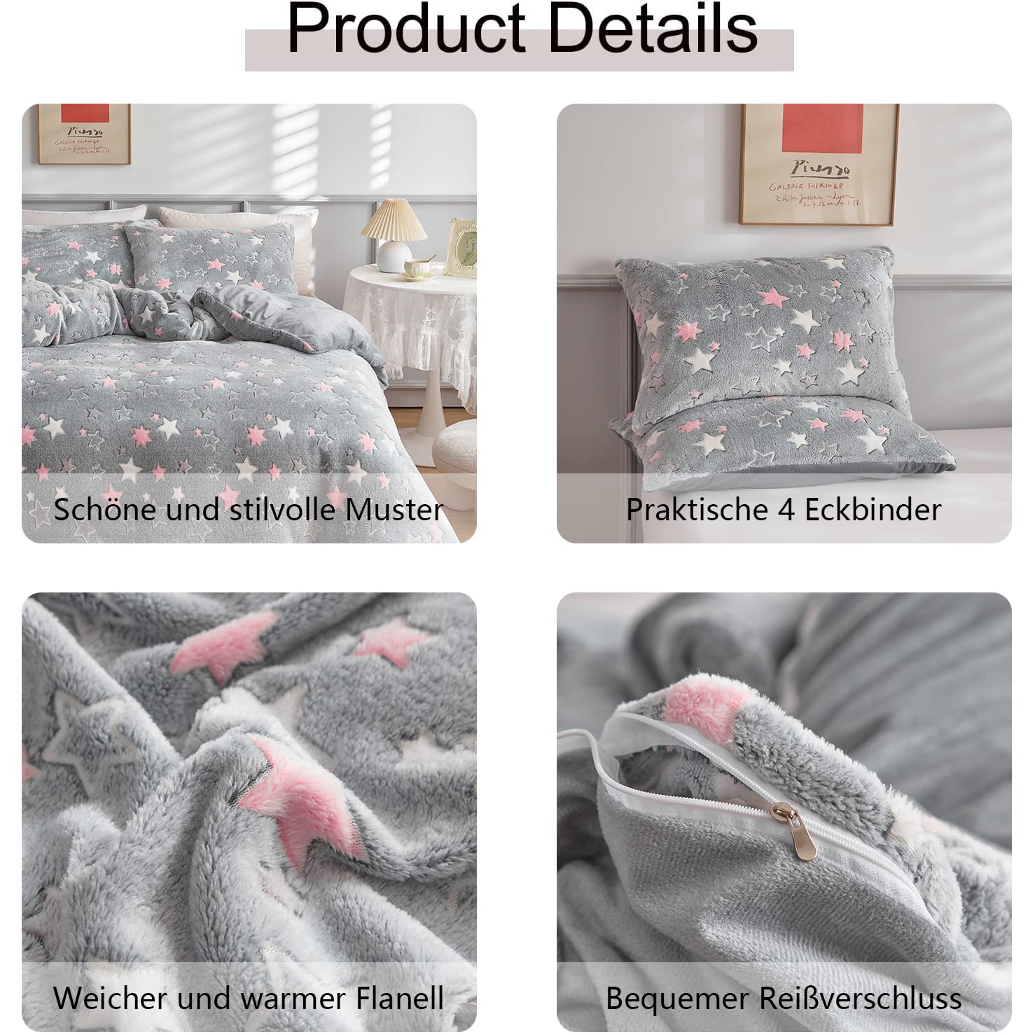 Freyamy Winter Bettwäsche 135x200 Biber Flanell Flauschige Winterbettwäsche | Leuchtend im Dunkeln Kinderbettwäsche Plüsch, 2teilig Warme, ÖKO-TEX Bettbezug mit Reißverschluss und 1 Kissenbezug 80x80cm