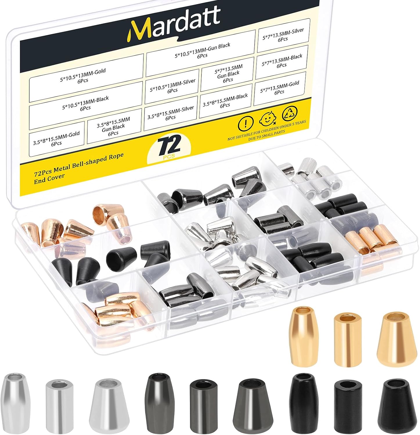 72PCS 3 Sizes Bell Stopper Cord Ends Kit, Silver, Gold, Black and Gun Black Zinc Alloy Classic Conical Column Drawstring Rope Locks Fastener Toggle Clip for Lanyard Clothes Backpack Bag DIY