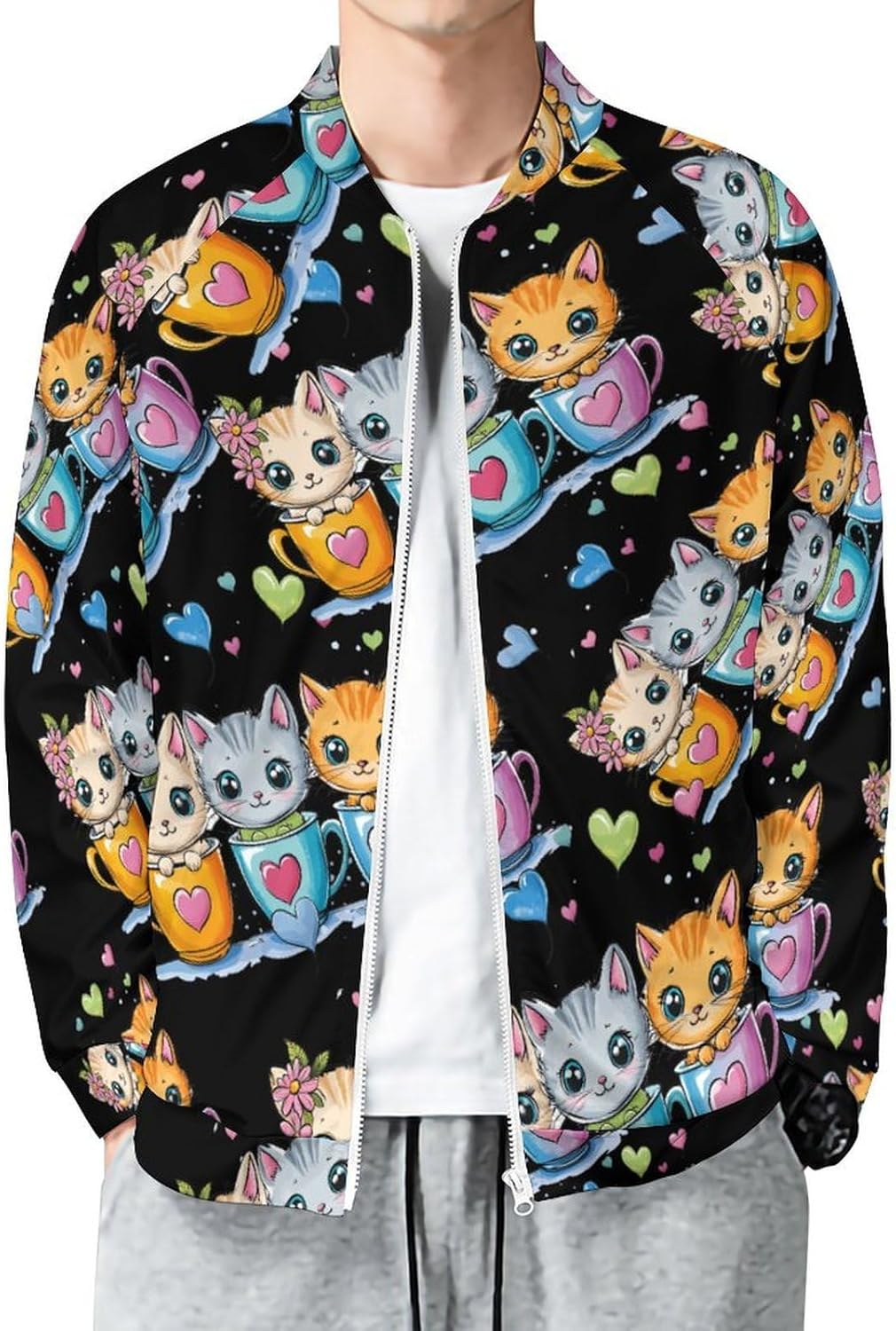 Teacup Cat Men's Zip Up Sweatshirt Casual Sweater Jackets Long Sleeve Tops Lightweight Coat