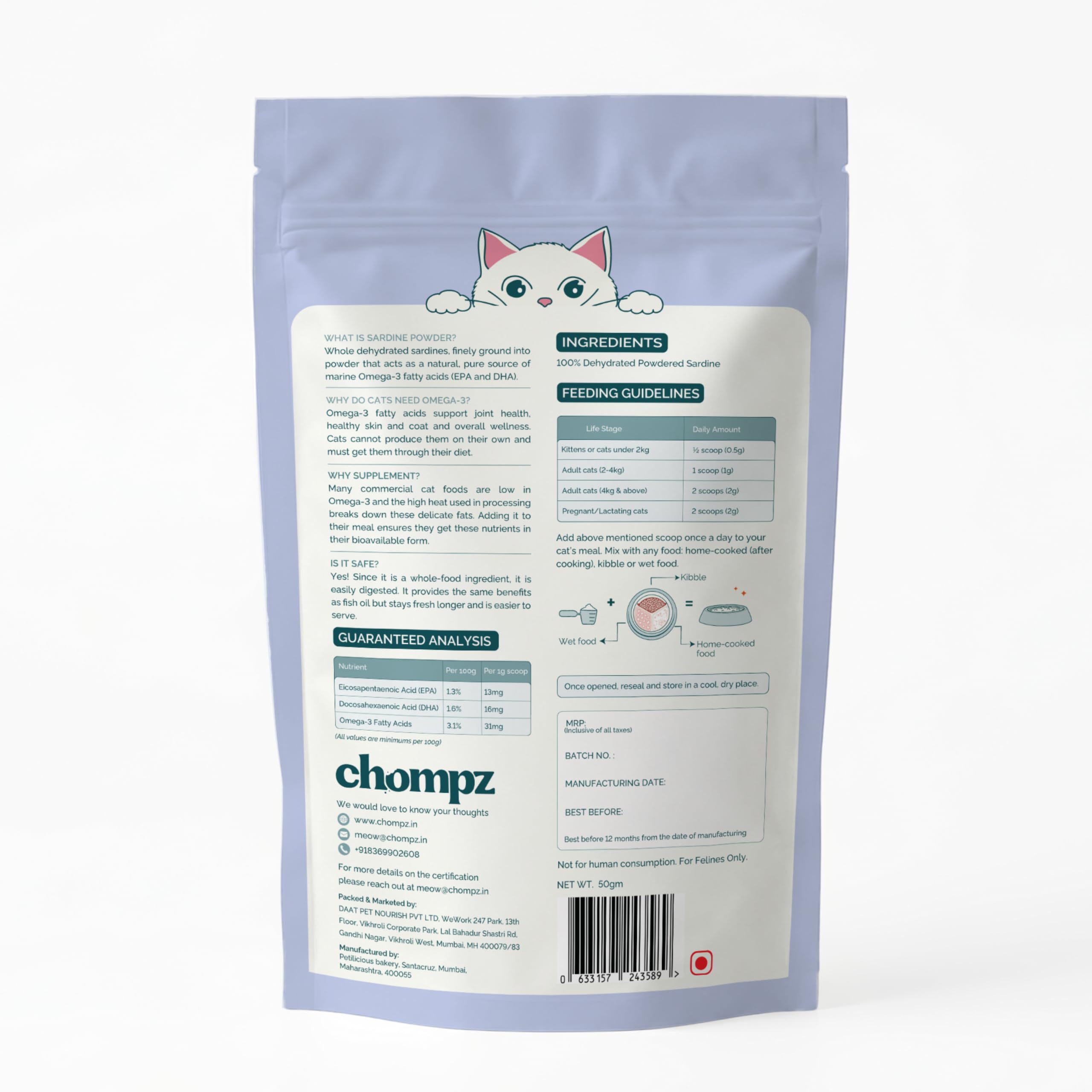Chompz Sardine Powder for Cats | Natural Omega-3 Supplement | 50G | Pure Whole Fish Powder for Joints, Skin & Coat | Cat Food Topper | Scooper Included | for Kittens & Adults | 25+ Servings — Amazon image 5