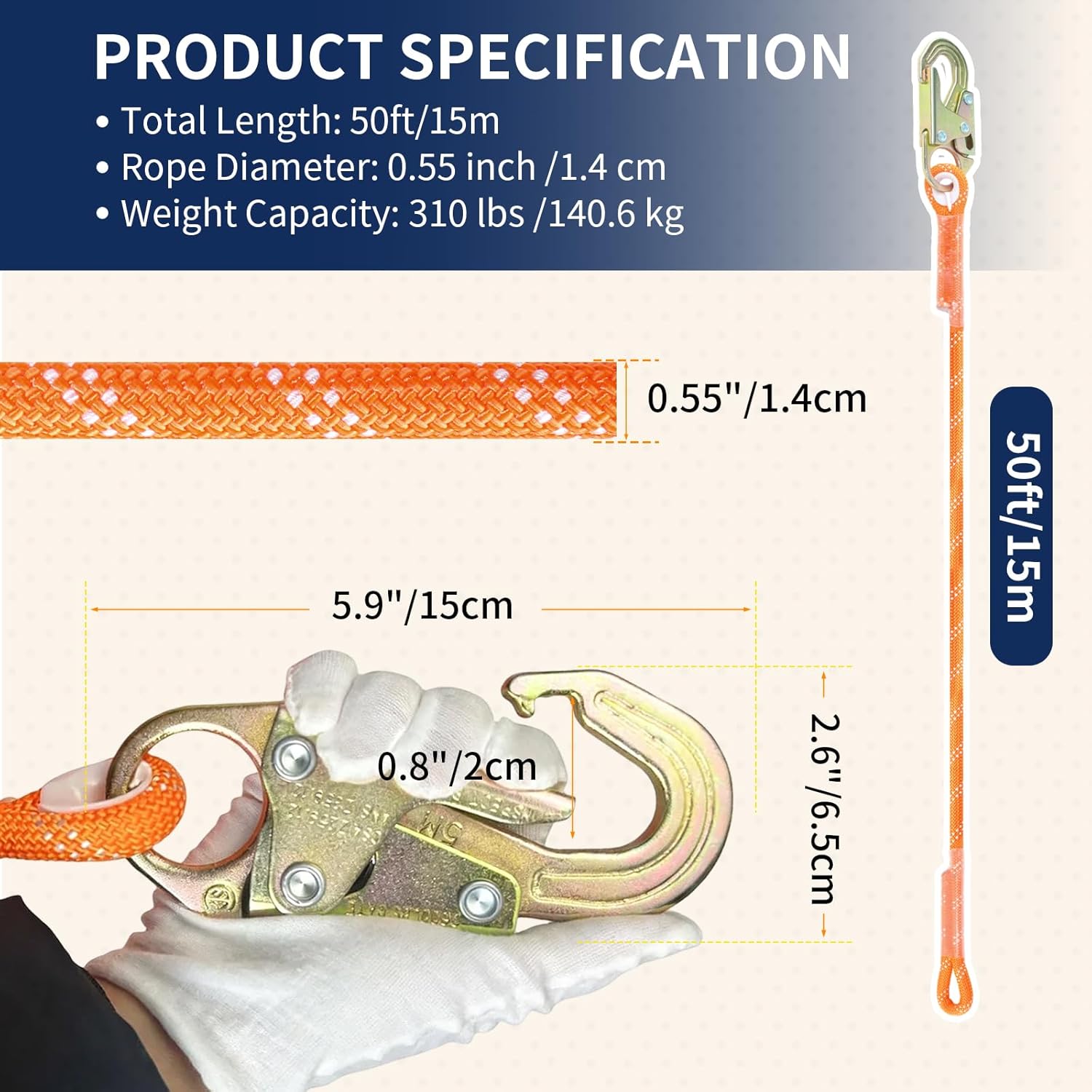 50ft Vertical Lifeline Safety Lanyard, Heavy Duty Fall Protection Rope with Rope Grab, Hooks & Shock Absorber, Roofing Tree Climbing Kit (Orange-White), ANSI CE