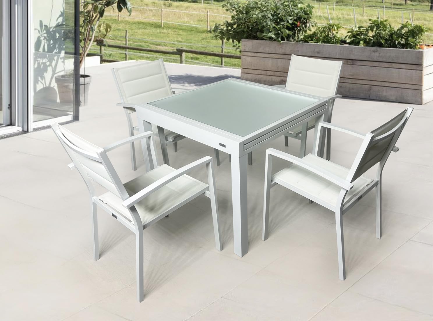 MOMMA HOME Set Mesa Extensible y 4 sillas terraza, Conjunto Muebles Jardín Exterior 5 Piezas, Estructura de Aluminio, Mesa y Sillas Terraza Impermeables, Resistentes a Exterior (Blanco)