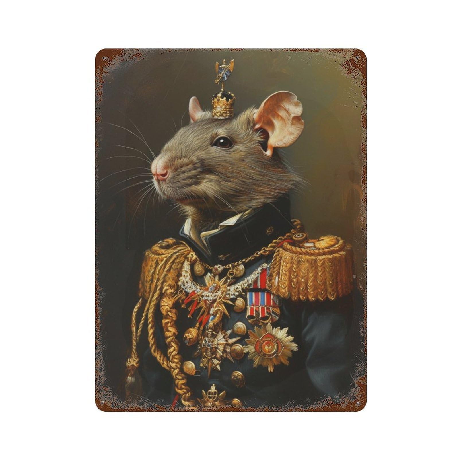 Rustic Tin Plaque with Royal Rat in Noble Attire Design 15.7"x11.8", for Pub, Kitchen And Man Cave Decor, Old School Wall Decor
