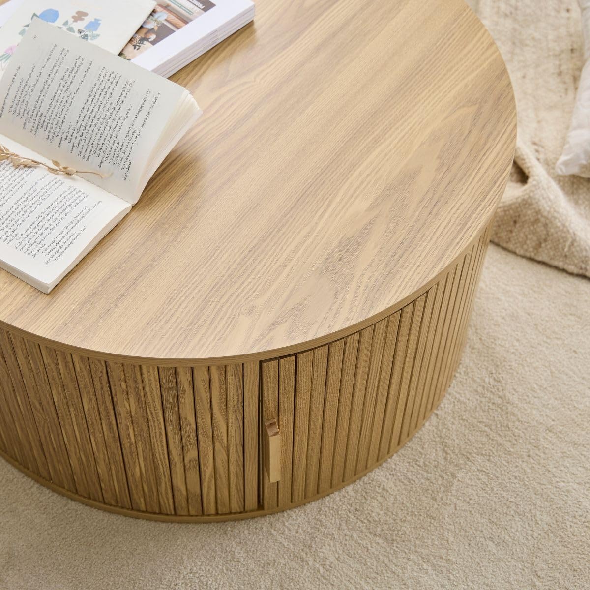 Calicosy – Mesa de centro redonda con almacenamiento D75 cm – Colección Ernest – Diseño vintage y práctico – Mueble de salón elegante de MDF