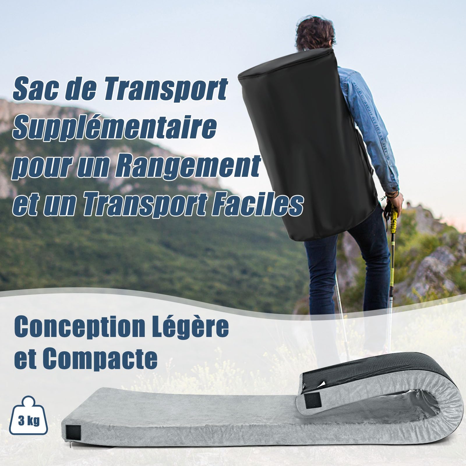 COSTWAY Matelas de Camping en Mousse à Mémoire de Forme, Matelas de Couchage Roulable Léger pour Voyages Randonnée Tissu Détachable et Imperméable, 183 x 62,5 x 6,5 cm
