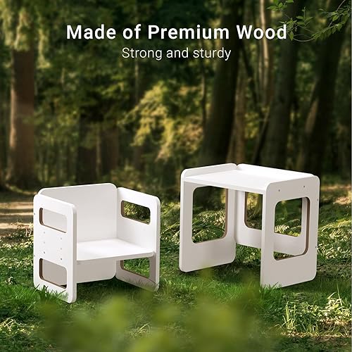 Miniatura 9 de Tilhumt Juego de mesa y silla para niños pequeños, mesa de destete Montessori y silla para niños de 1 a 3 años, 3 sillas de altura ajustable y mesa