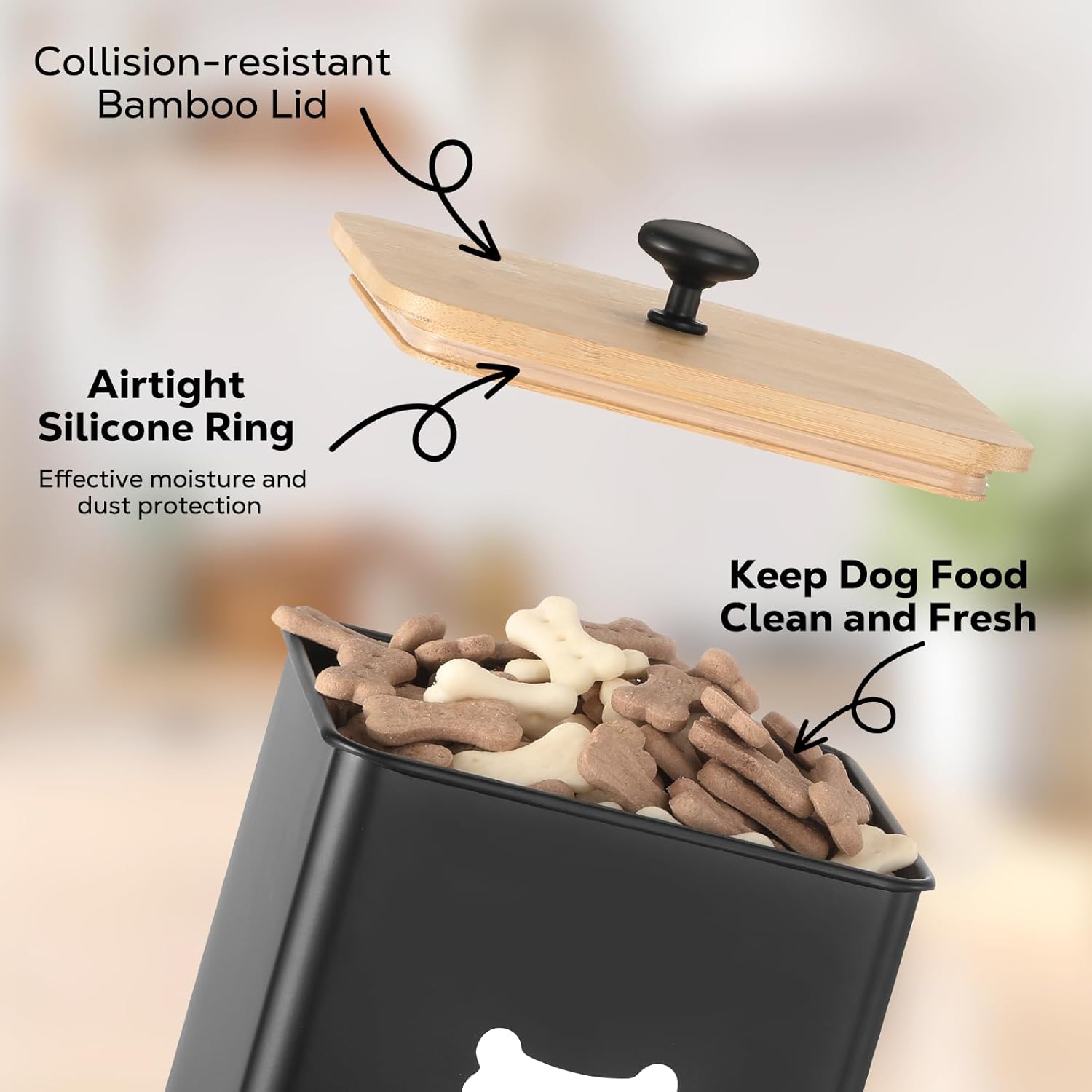 Dog Treat Container Set of 2, Dog Food Storage Containers with Airtight Lids, Metal dog treat jars for Kitchen Countertop, Pet Cookie Canister to Keep Treats Fresh, 9.4''×7.1''×9.6", Black