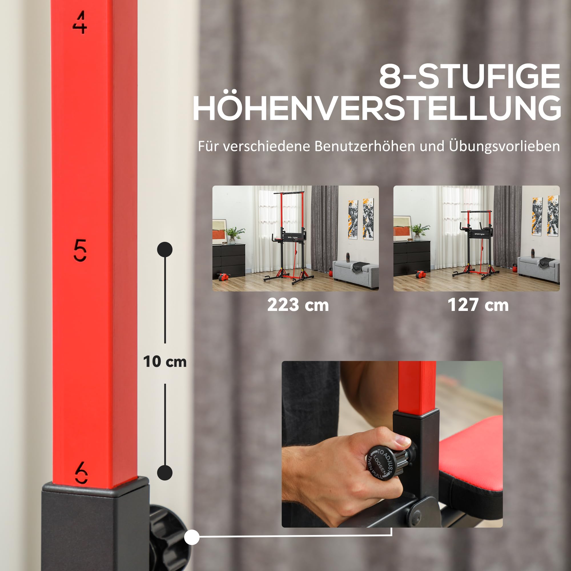 SPORTNOW Torre de fuerza plegable de altura regulable 127-223 cm, estación de inmersión con asas para flexiones, torre de potencia multifuncional, torre de dominadas, barra de dominadas, estación de