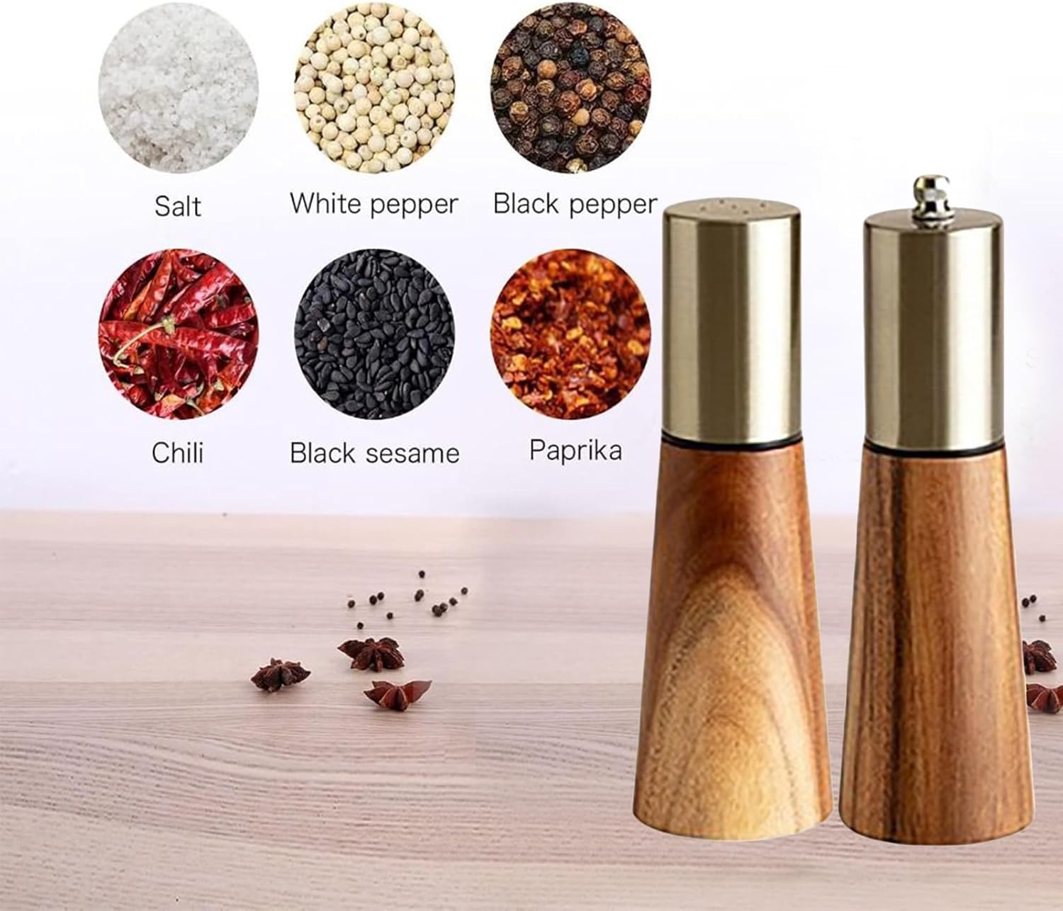 hobbyme 2pcs Kitchen Tools Pepper Kosher Salt Grinder Metal Acacia Wood Pepper Mill Set,Stainless Steel/wood Household Spice Bottle,Hand Grinder,Seasoning Pot,Gold