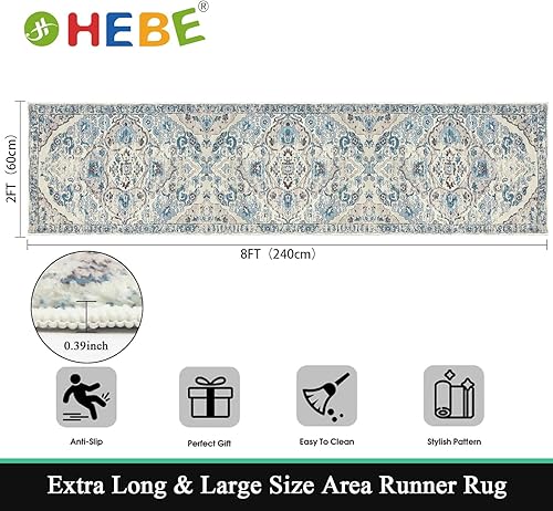Miniatura 2 de HEBE - Alfombra de pasillo de 2 x 8 pies, lavable, vintage, envejecida, antideslizante, alfombra de lavandería, alfombra bohemia para pasillos,