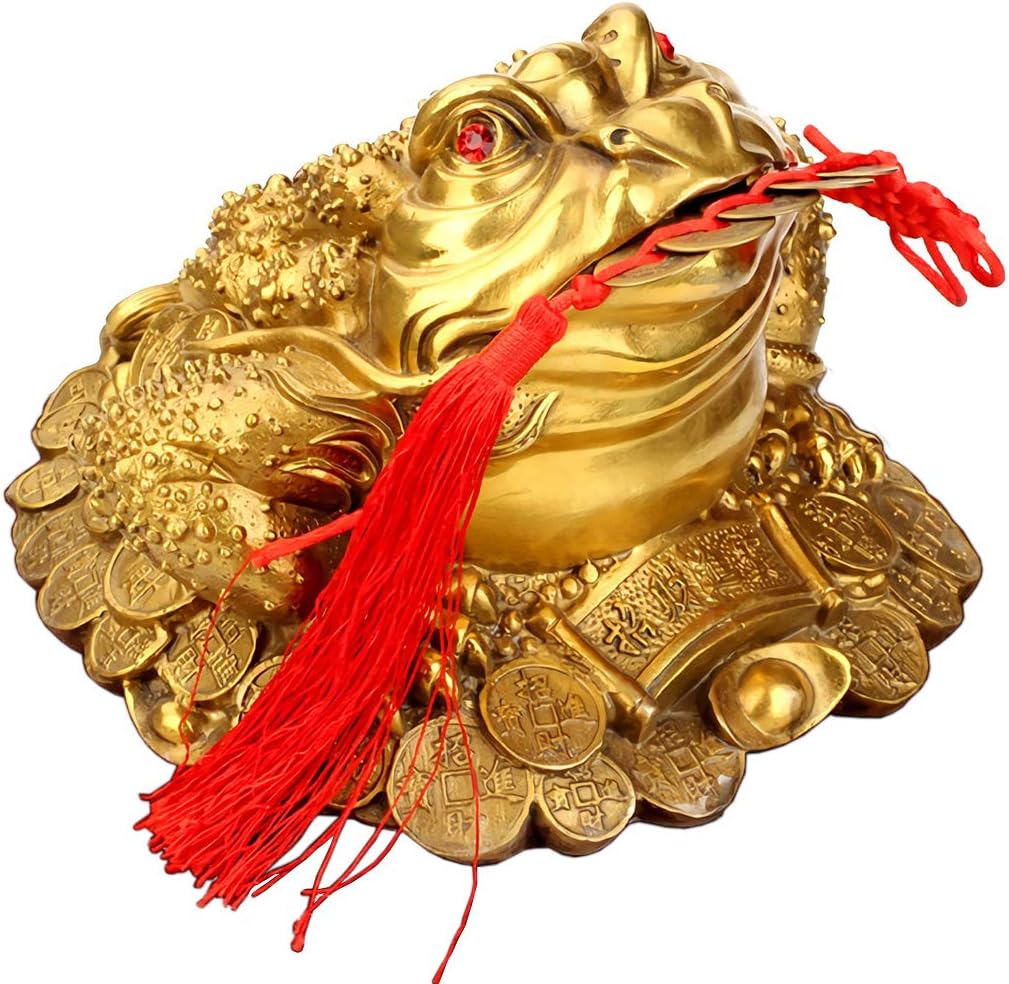 Brass Money Frog Feng Shui Statue Three Legged Wealth Frog Good Luck Sculpture Money Toad Ornament Set of 5 Lucky Charm Ancient Coins on Red String Feng Shui Decor Figurine