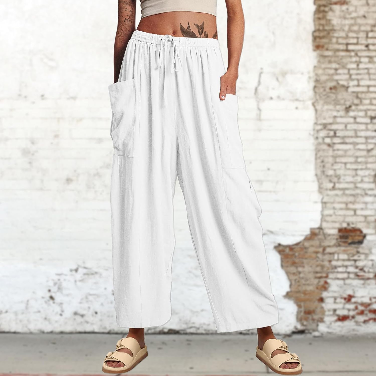 Linen Pants Women Petite Plain Plus Size Summer Beach Spring Fitted Cargo Pocket Ankle Length Lounge Pant - Image 3