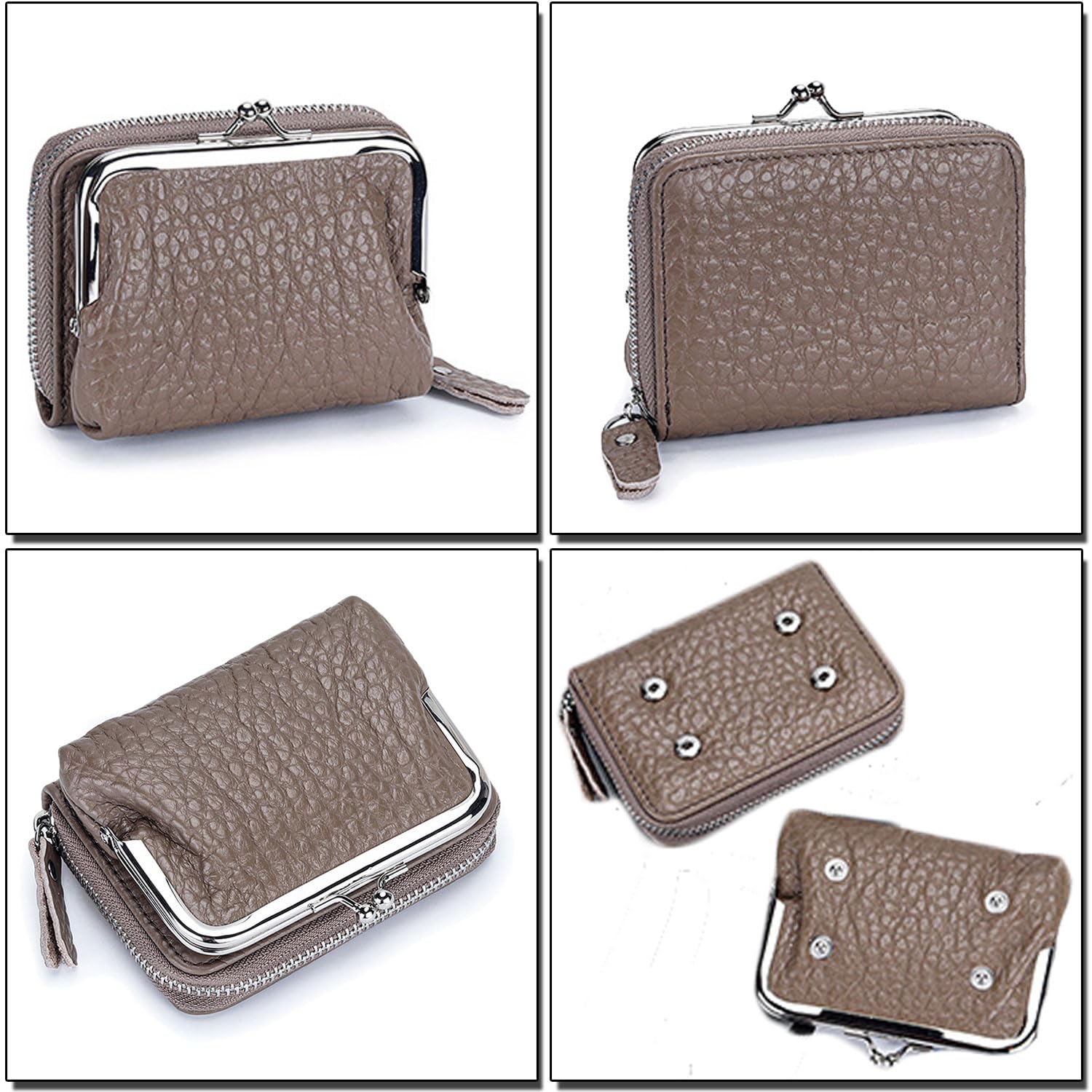 Karoukee Small Genuine Leather Wallet for Women Separable Kiss-Lock Coin Purse Zip-Around RFID-Blocking Credit Card Holder