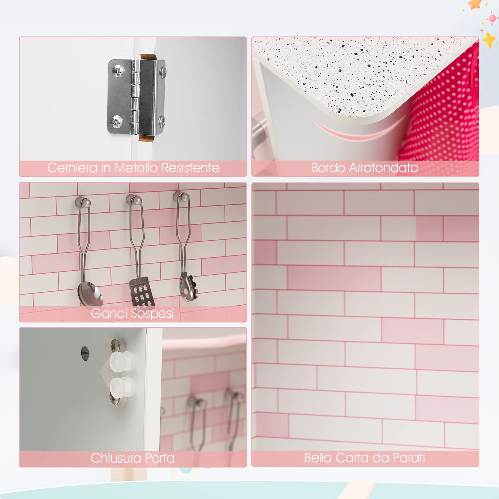 COSTWAY Cucina Giocattolo per Bambini in Legno, Mini Cucina Angolare per Bambini con Luci e Suoni Interattivi e Accessori per Cucina, Ideale per 3+ Anni, Rosa