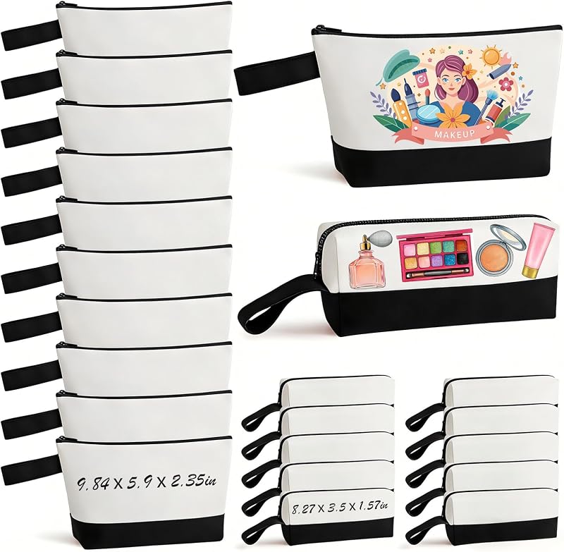 AMDAILY Kit com 20 necessaires de lona de algodão com zíper, dois tamanhos, brancas e pretas