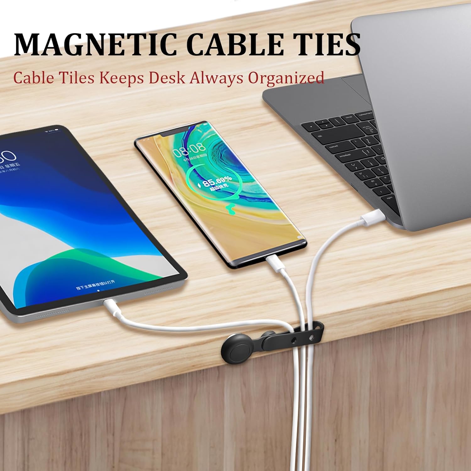 Magnetic Cable Ties, Cable Cord Organizer Cable Clips Management, Silicone Magnetic Cable Organizer, Phone Cord Holder for Organizing, Home Office and Travel(6-Pack,Black)