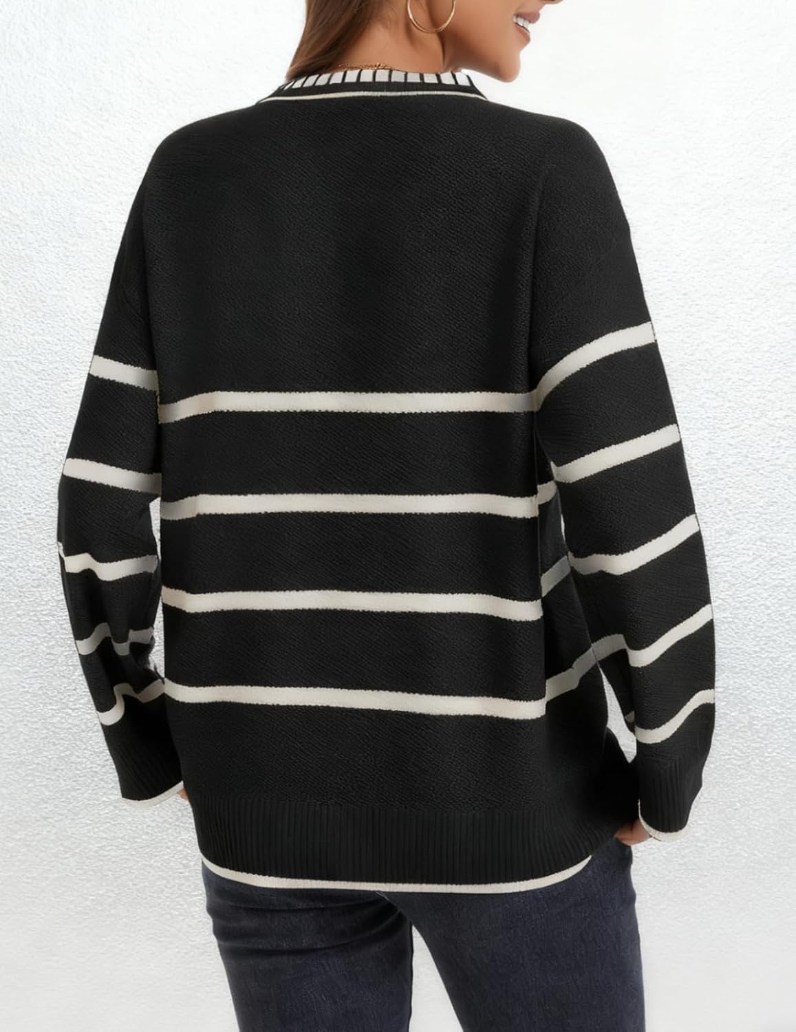 Women's Polo Sweater Long Sleeve V Neck Striped Collared Pullover Fall Sweater Tops 2025 - Image 7