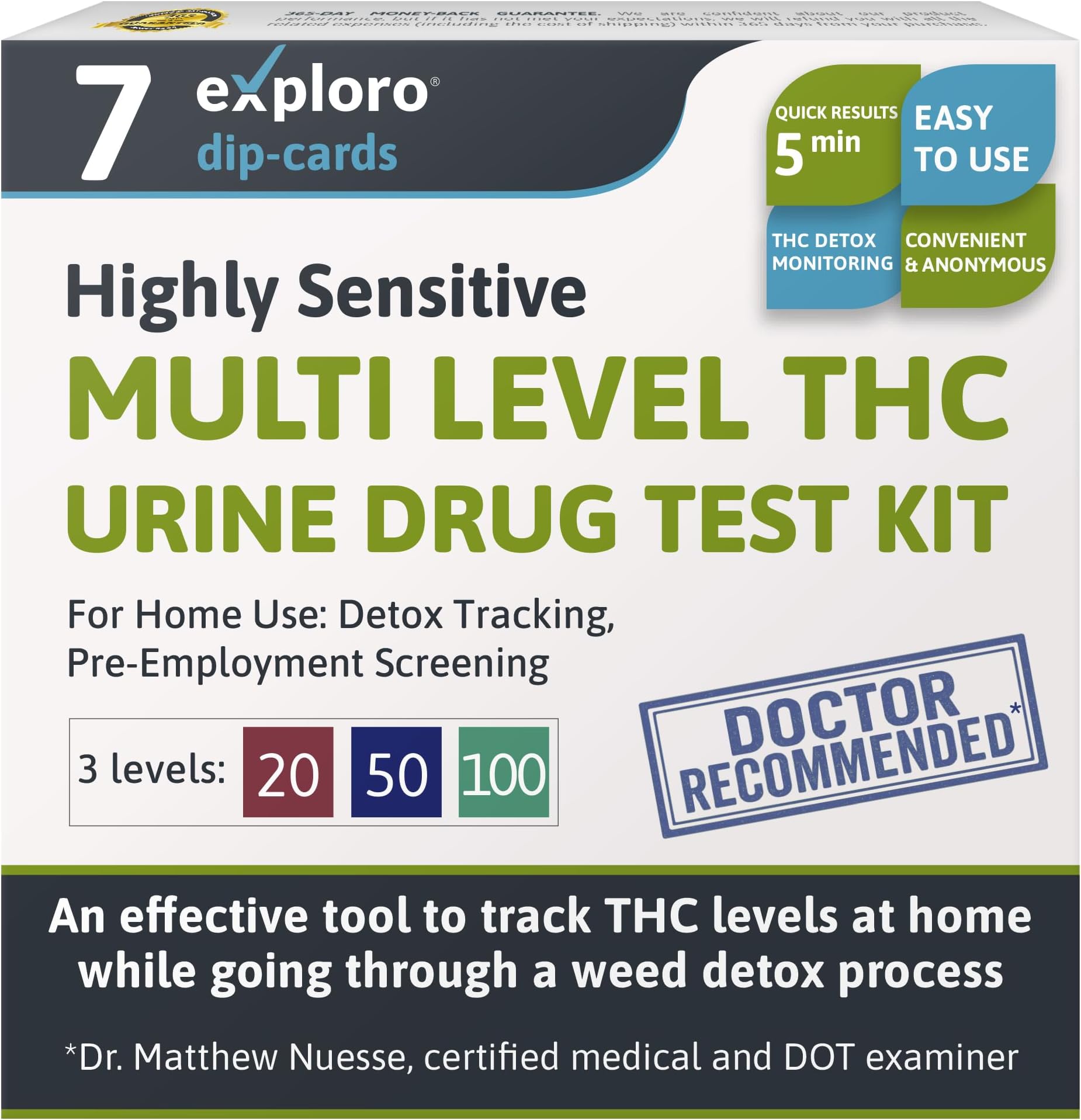 Exploro Multi Level THC Drug Test Kit – 3 Level Marijuana & Weed Test at Home (20, 50, 100 ng/ml) – Urine THC Test Strips for Detox Cleanse Monitoring, Pre-Employment & Personal Use (Pack of 7)