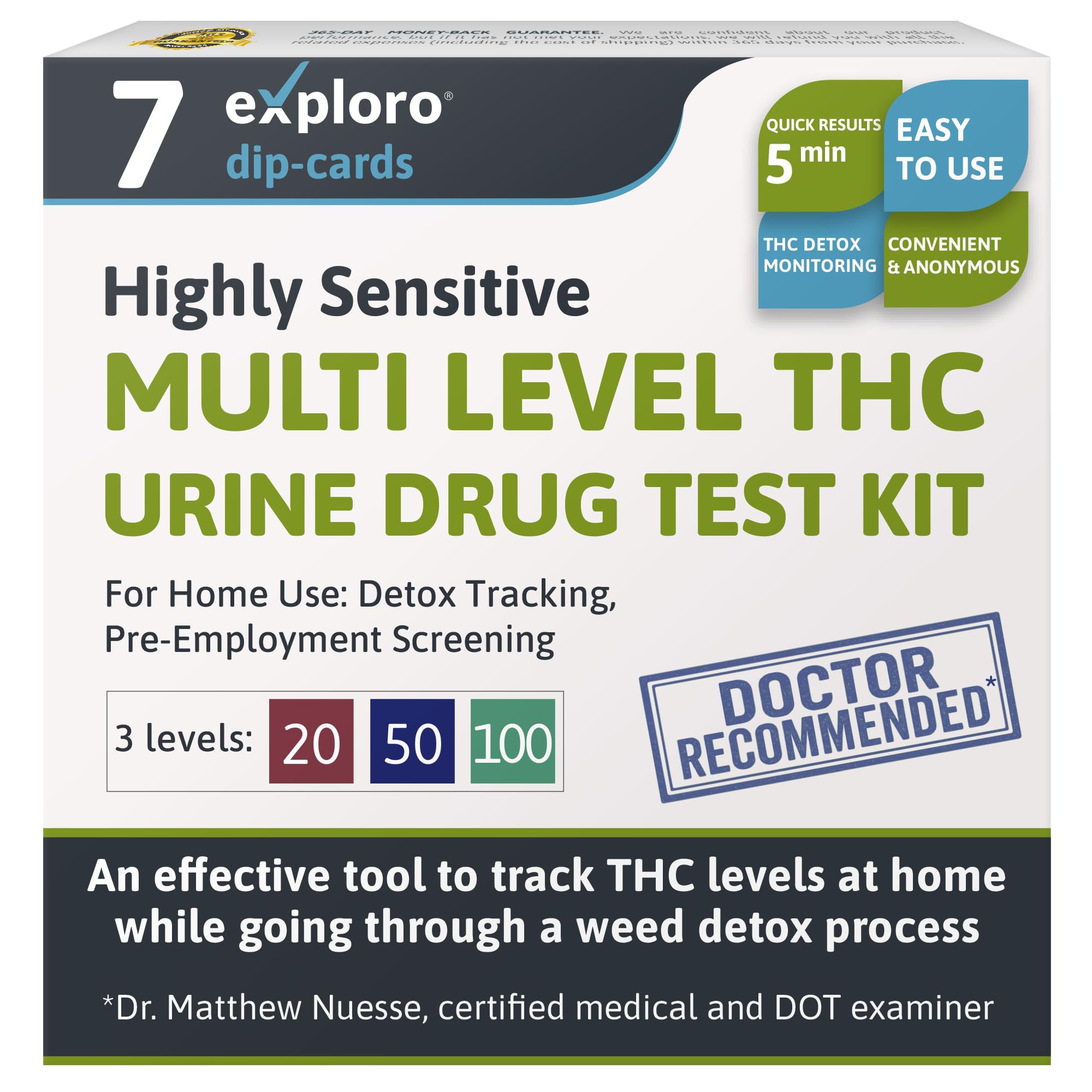 Exploro Multi Level THC Drug Test Kit – 3 Level Marijuana & Weed Test at Home (20, 50, 100 ng/ml) – Urine THC Test Strips for Detox Cleanse Monitoring, Pre-Employment & Personal Use (Pack of 7)