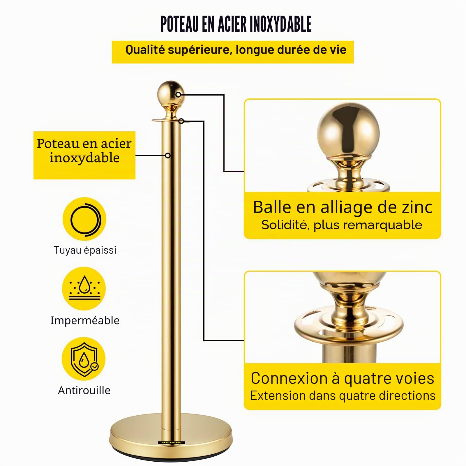 VEVOR Cordes et poteaux en velours en acier inoxydable doré avec boule supérieure (4)
