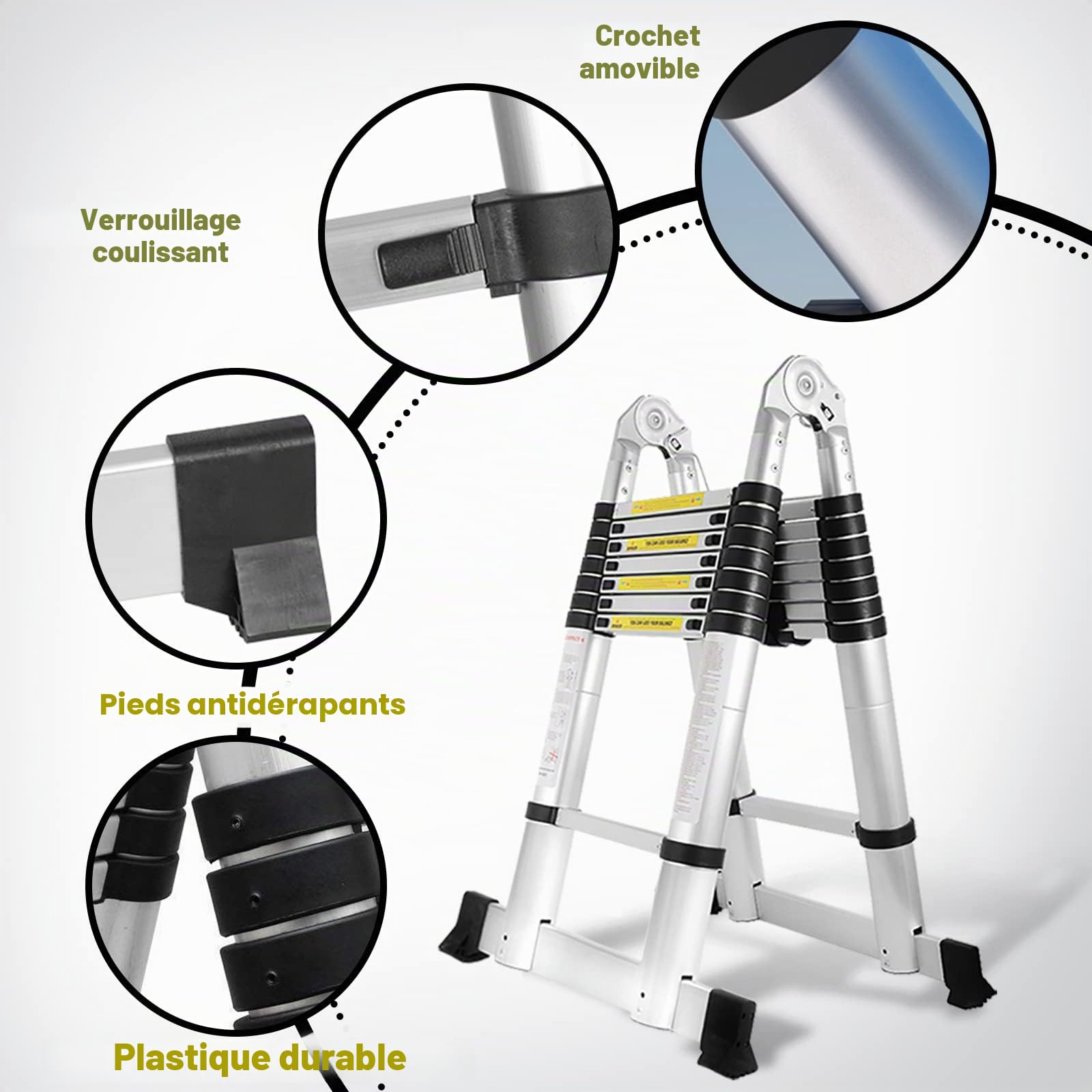Échelle télescopique en aluminium - 3,8 m - Extensible - Pour escaliers télescopiques - Flexible YXXYSSTL05 Argenté