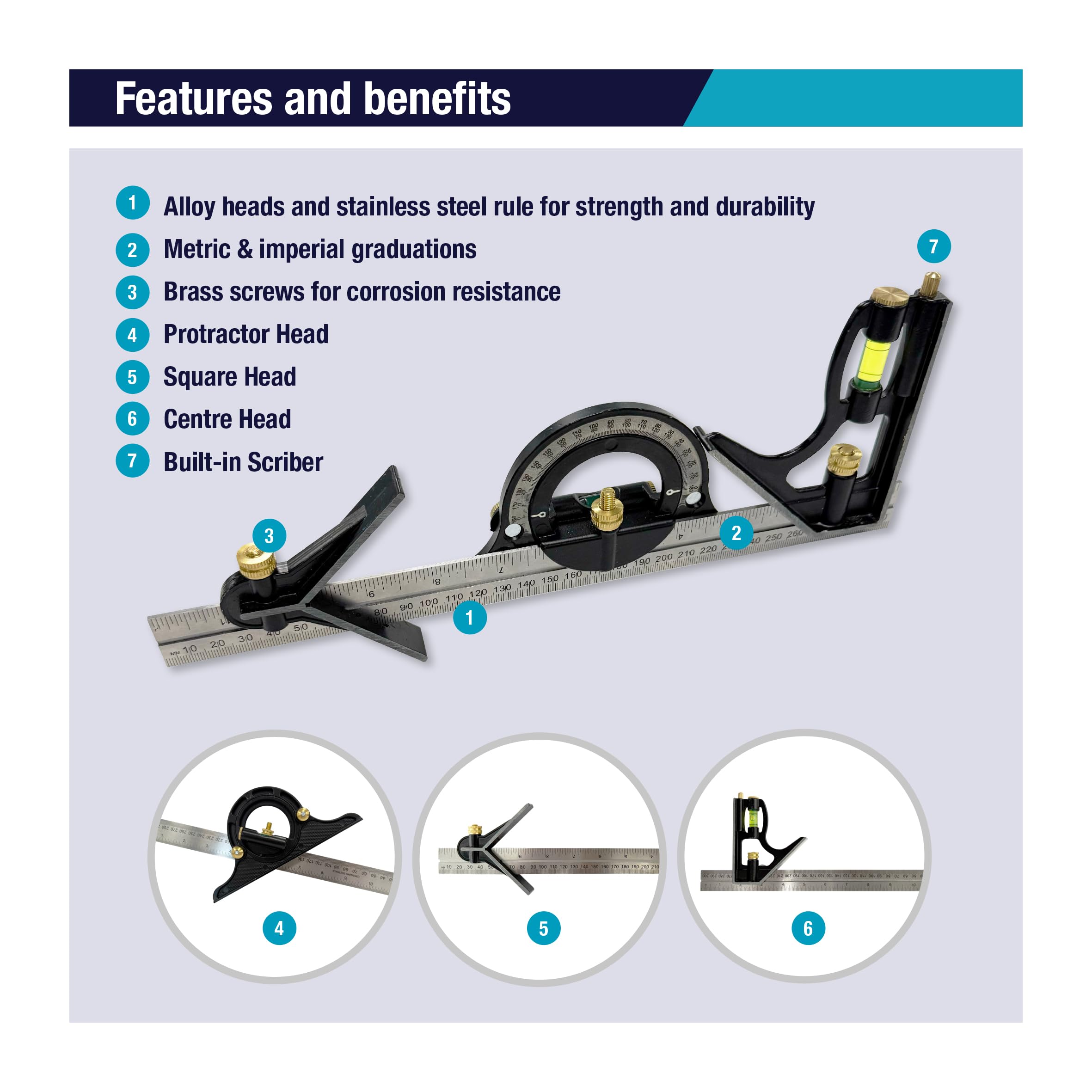Eclipse Professional Tools ECUK-50-460R - Juego de combinación de regla, trazador, niveles de burbuja, transportador, cabezales cuadrados y centrales, graduaciones métricas e imperiales, marcado y